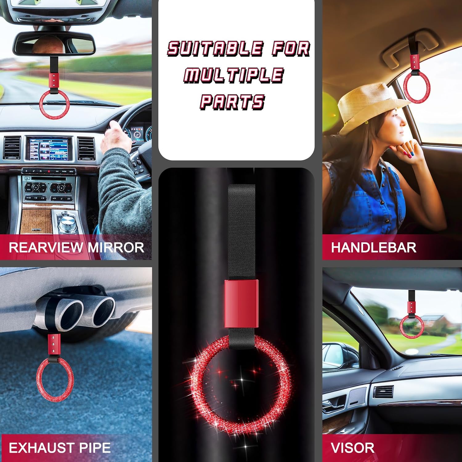 Fabbay Bling Car Accessories Bling Round Handle Ring Car Accessory for Women Hand Strap Drift Charm Rear Bumper Warning Ring Decor for Auto Bus Interior Exterior Decoration(Red, Round Style) thumbnail