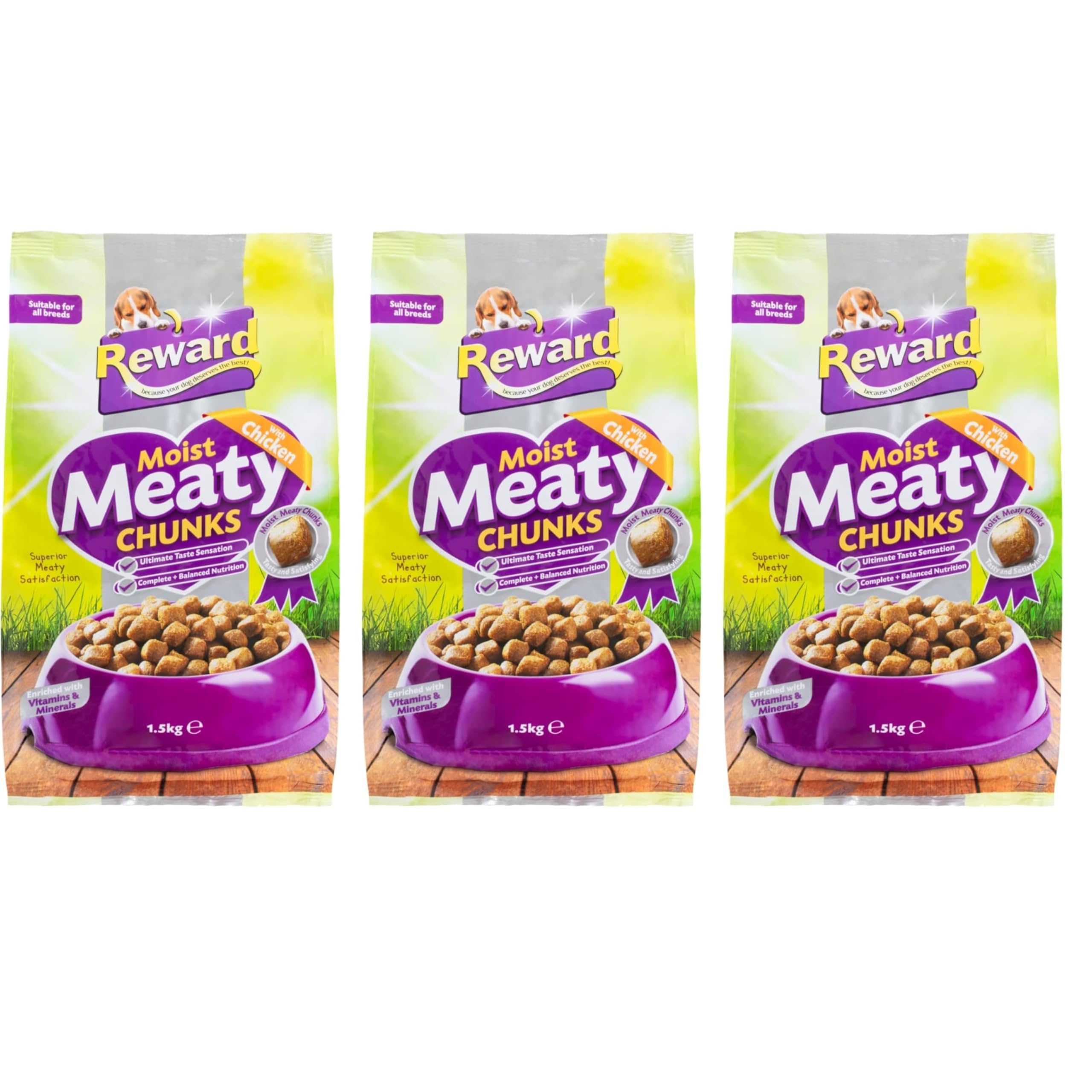 Reward Meaty Bites Moist Chicken Dog Food Chunks – Complete & Balanced Adult Dog Meal – Soft Protein-Rich Wet Food with Vitamins & Minerals Pack of 3 x 1.5KG Each