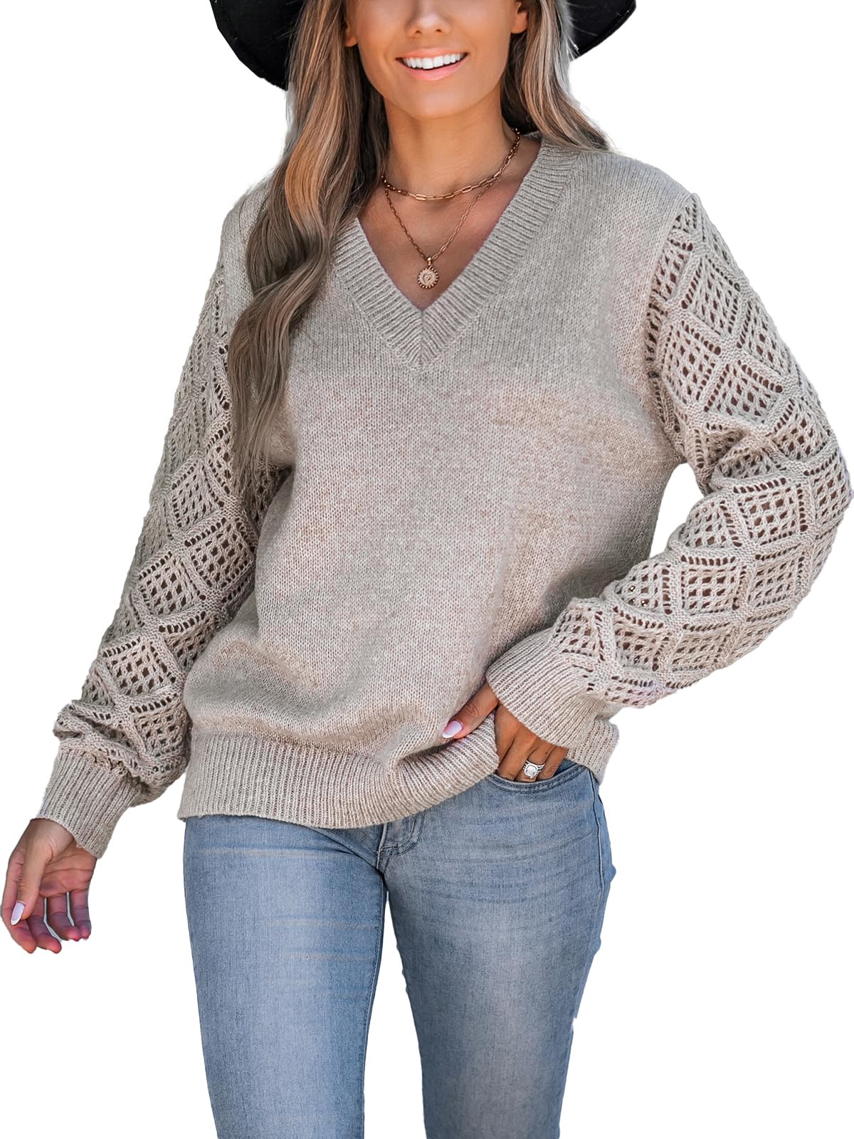 CUPSHE Womens Sweaters V Neck Long Sleeve Lightweight Soft Crochet Casual Pullover Sweater Tops