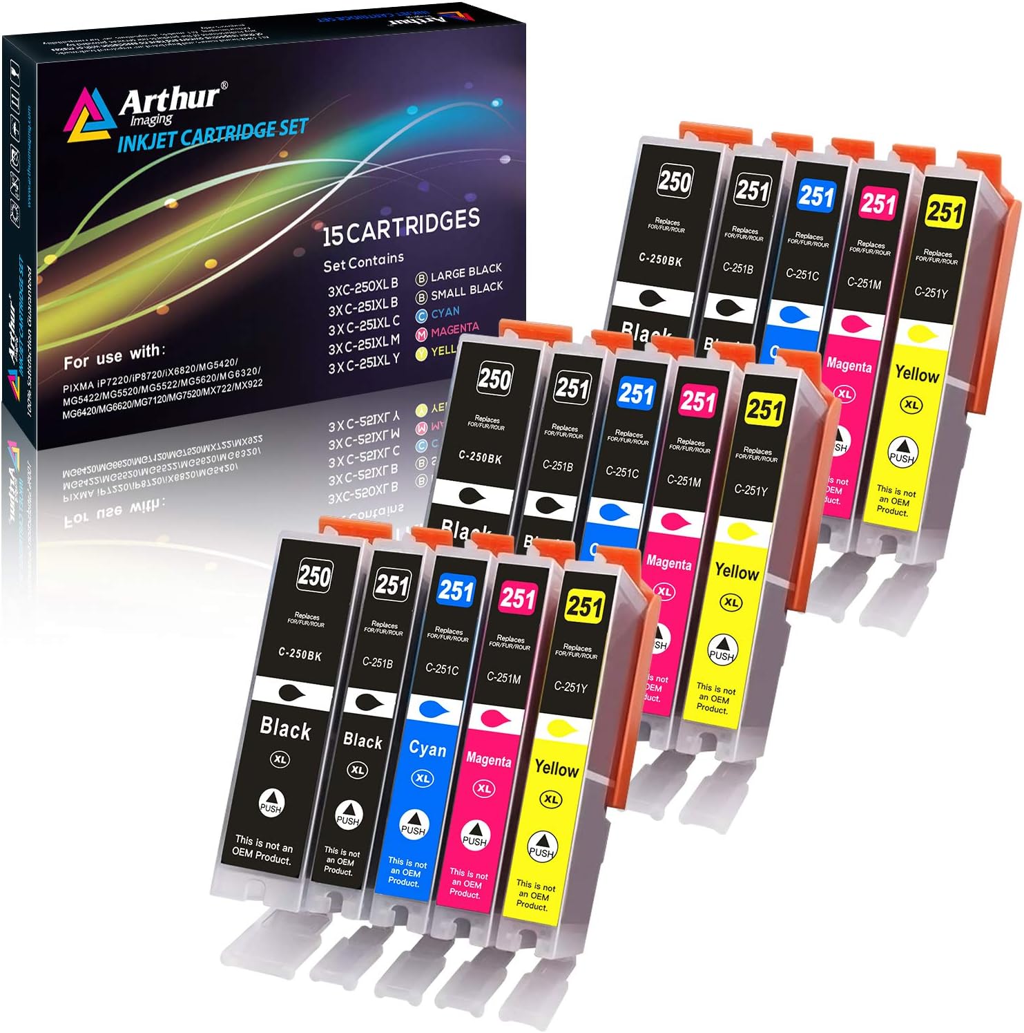 Arthur ImagingCompatible Ink Cartridge Replacement for 250XL 251XL (3 Large Black, 3 Small Black, 3 Cyan, 3 Yellow, 3 Magenta, 15-Pack)