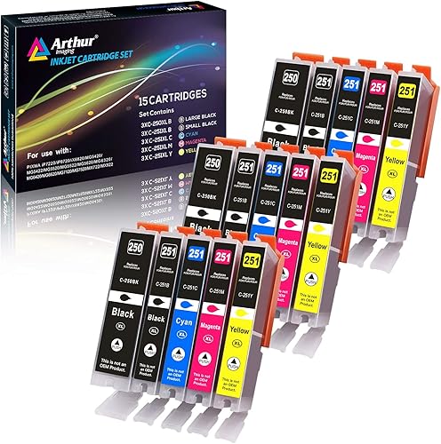 Arthur Imaging Cartucho de tinta de repuesto compatible para 250XL 251XL (3 negros grandes, 3 negros pequeños, 3 cian, 3 amarillos, 3 magenta, 15