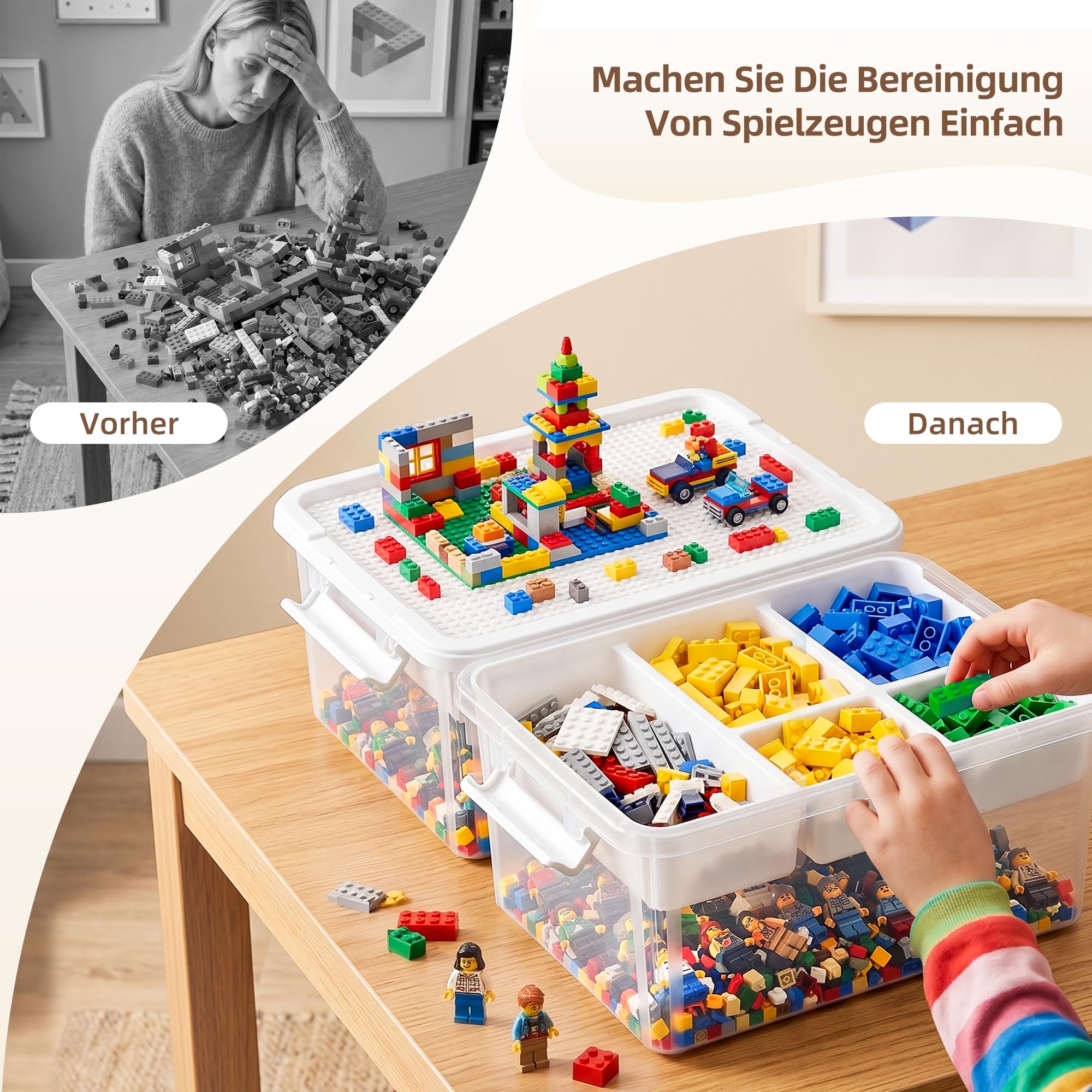 2er-Pack 16-Liter-Aufbewahrungsboxen für Spielzeug mit Deckel in Form einer Baustein-Grundplatte, herausnehmbarer Einlegeboden, Verschlussgriff, stapelbare Aufbewahrungsboxen mit Fächern