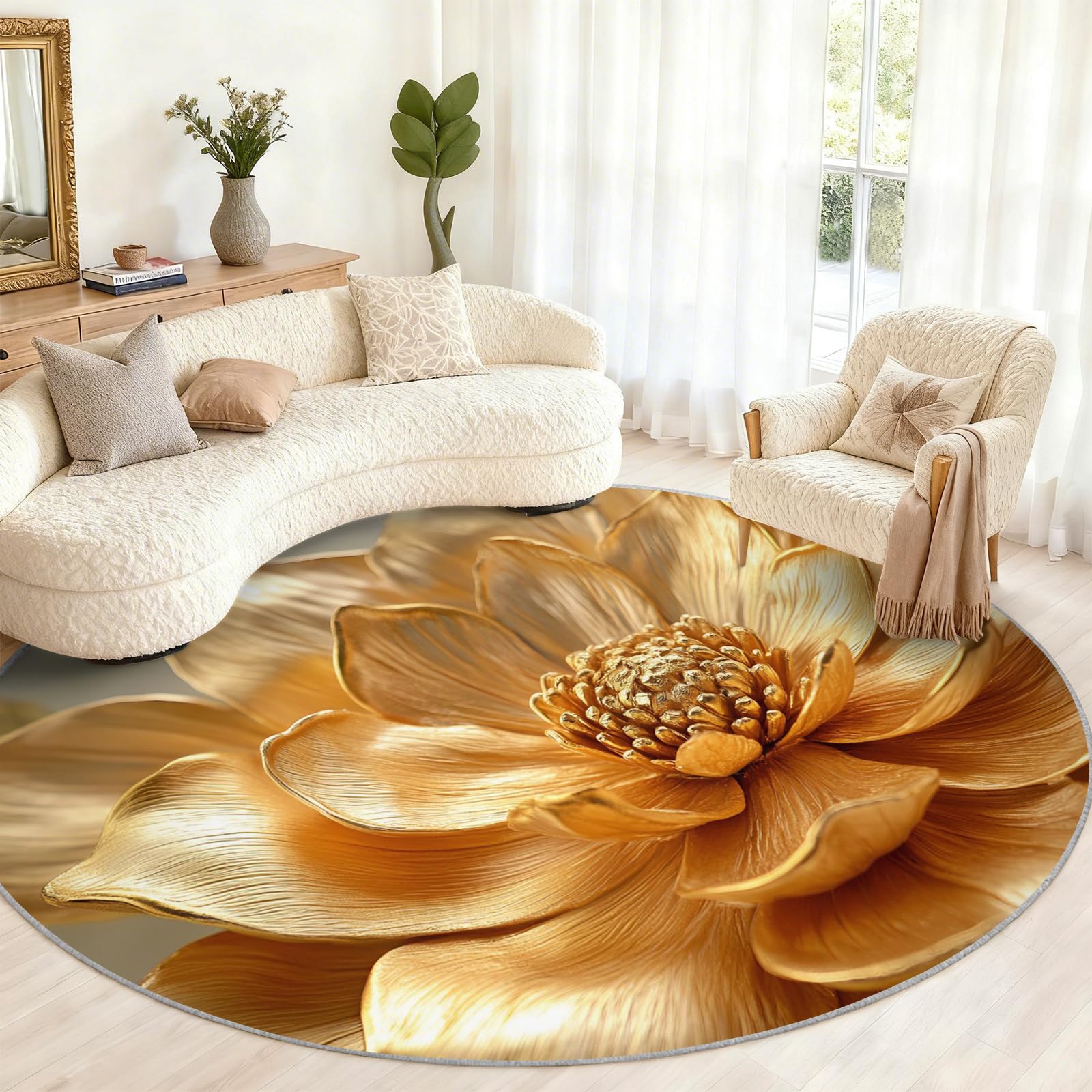 Tapis rond motif floral doré antidérapant aux finitions soignées