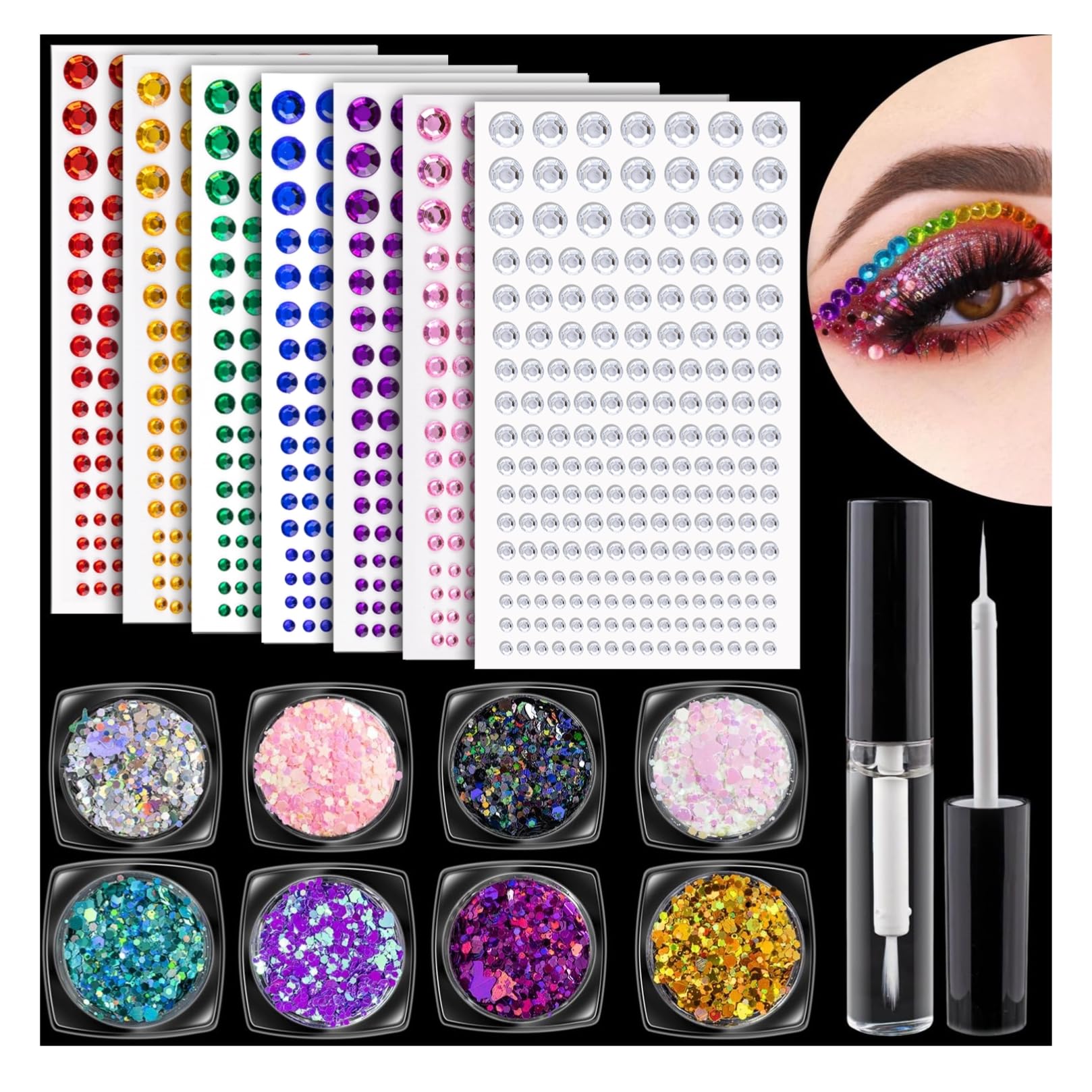 Rhinestone Stickers and Body Glitter Set 1, 7 Sheets Colorful Adhesive Gems 3/4/5/6/8mm and 8 Pots Chunky Glitter, with Glue for Eyes Face Hair Body Nails Rave Party Concert Makeup