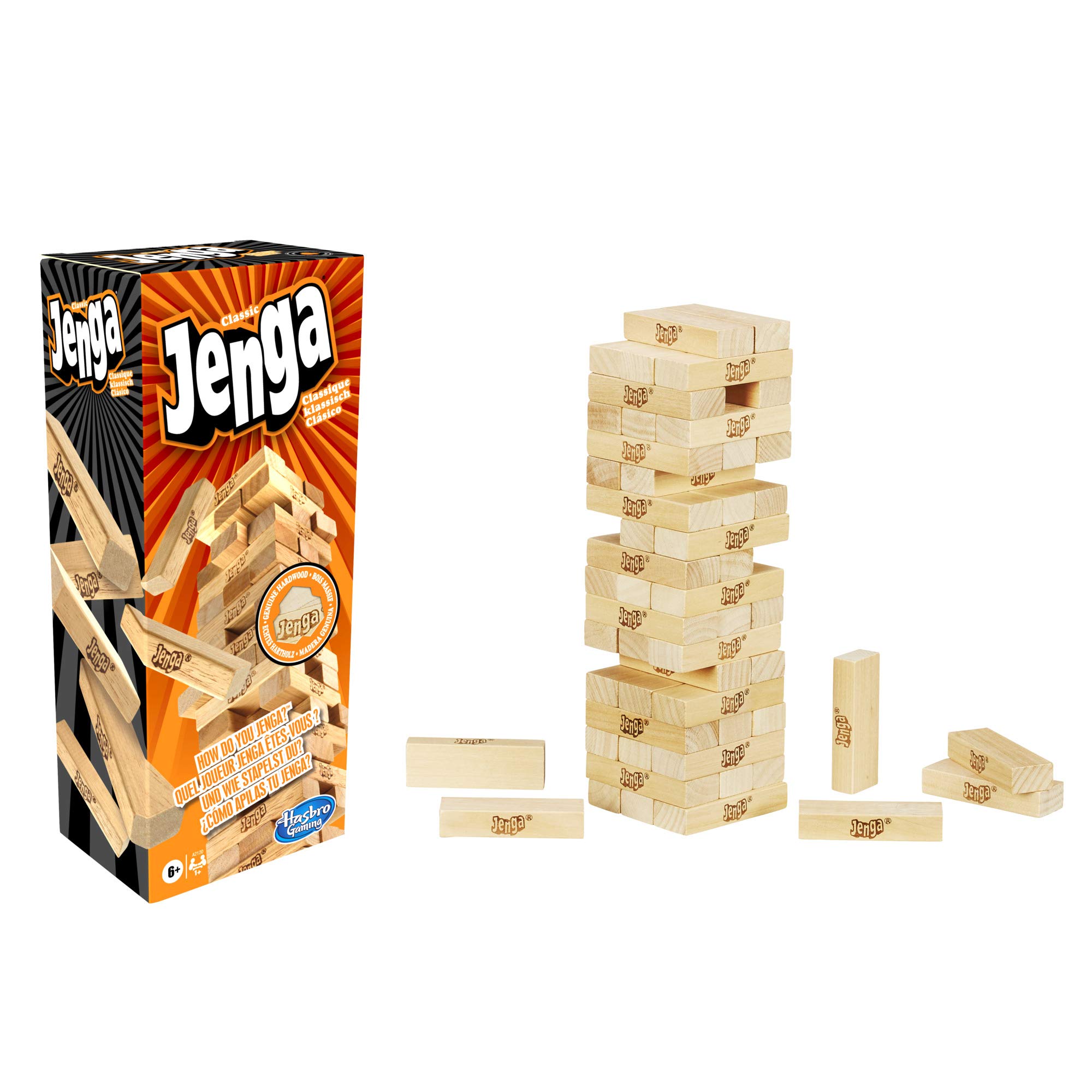Classic Jenga Game with Genuine Hardwood Blocks, Jenga Brand Stacking
