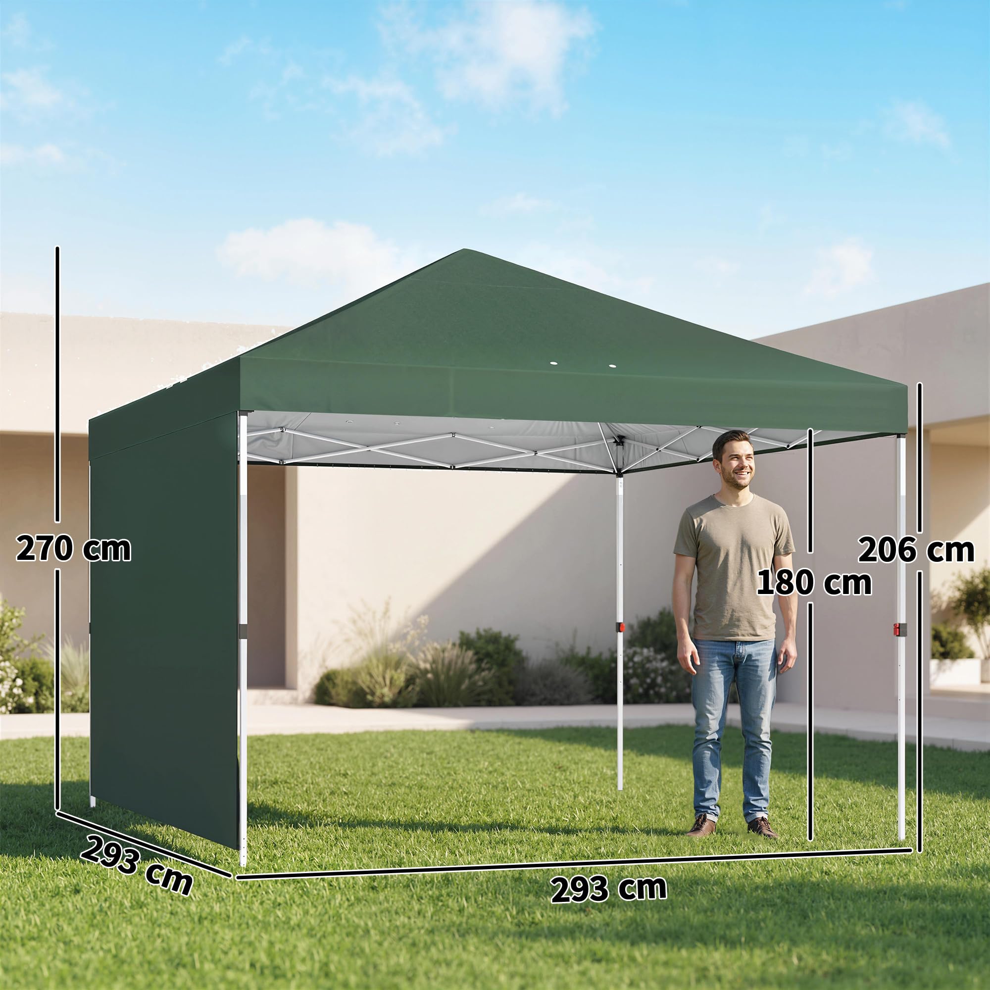 Outsunny Carpa Plegable 3x3 m, Pop-up, con Pared Lateral, Cenador de Jardín con Protección UPF50+, Empuje Central, Altura Ajustable, Bolsa de Transporte, Gazebo para Camping, Exterior, Verde