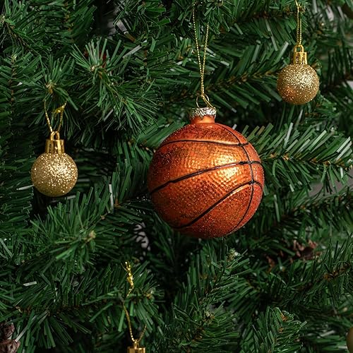 Vista 5 de Adorno de baloncesto navideño de vidrio soplado de 3.15 pulgadas, decoración de pequeña mini pelota deportiva pintada a mano 2025 para niños