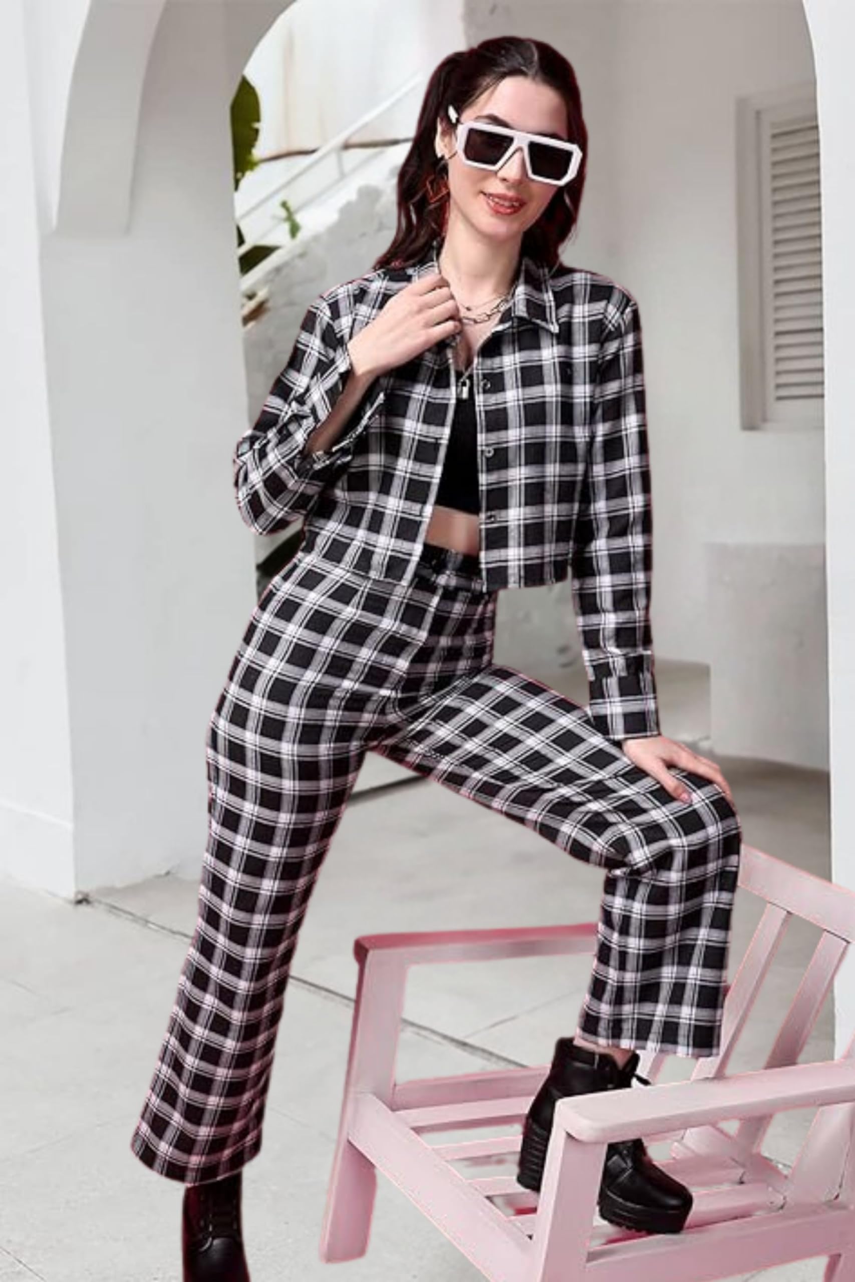 Popwings Casual Checks Print Crop Shirt And Trouser Co-Ord Set For Women | Shirt And Pant Co-Ord Set For Women | Full Sleeves Co-Ord Set For Women | Western 2 Piece Set For Women Black