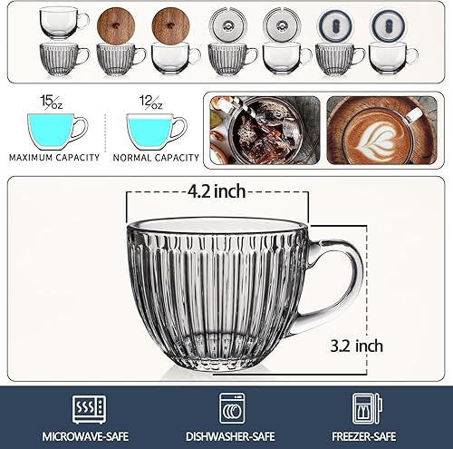 Miniatura 2 de Artena Tazas de café de vidrio de 15 onzas, tazas de café, tazas de té transparentes acanaladas, vasos de café helado, bonitos accesorios de barra