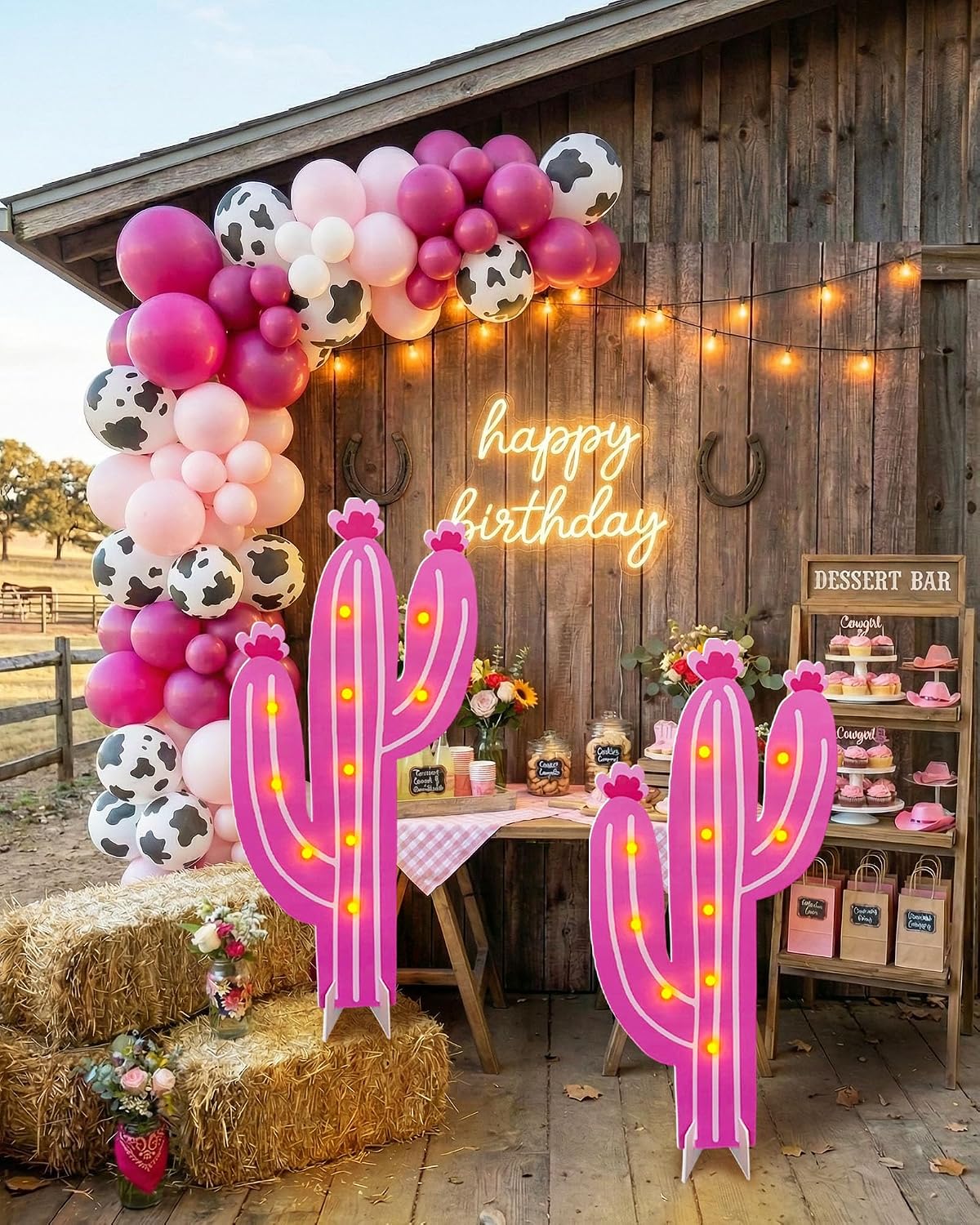2 Pcs LED Cowgirl Party Decorations, 35" Large Light Up Pink Cactus Western Decor, Marquee Cardboard Cutout, Large Photo Props for Last Rodeo Bachelorette, My First Rodeo Birthday Supplies