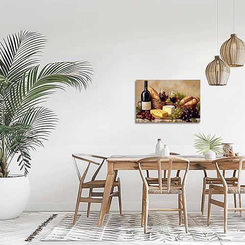 Miniatura 5 de XLMDYYSW Arte de pared vintage para cocina, imagen rústica de vino tinto y uva, pintura de queso de granja, botella de vino, impresiones en lienzo