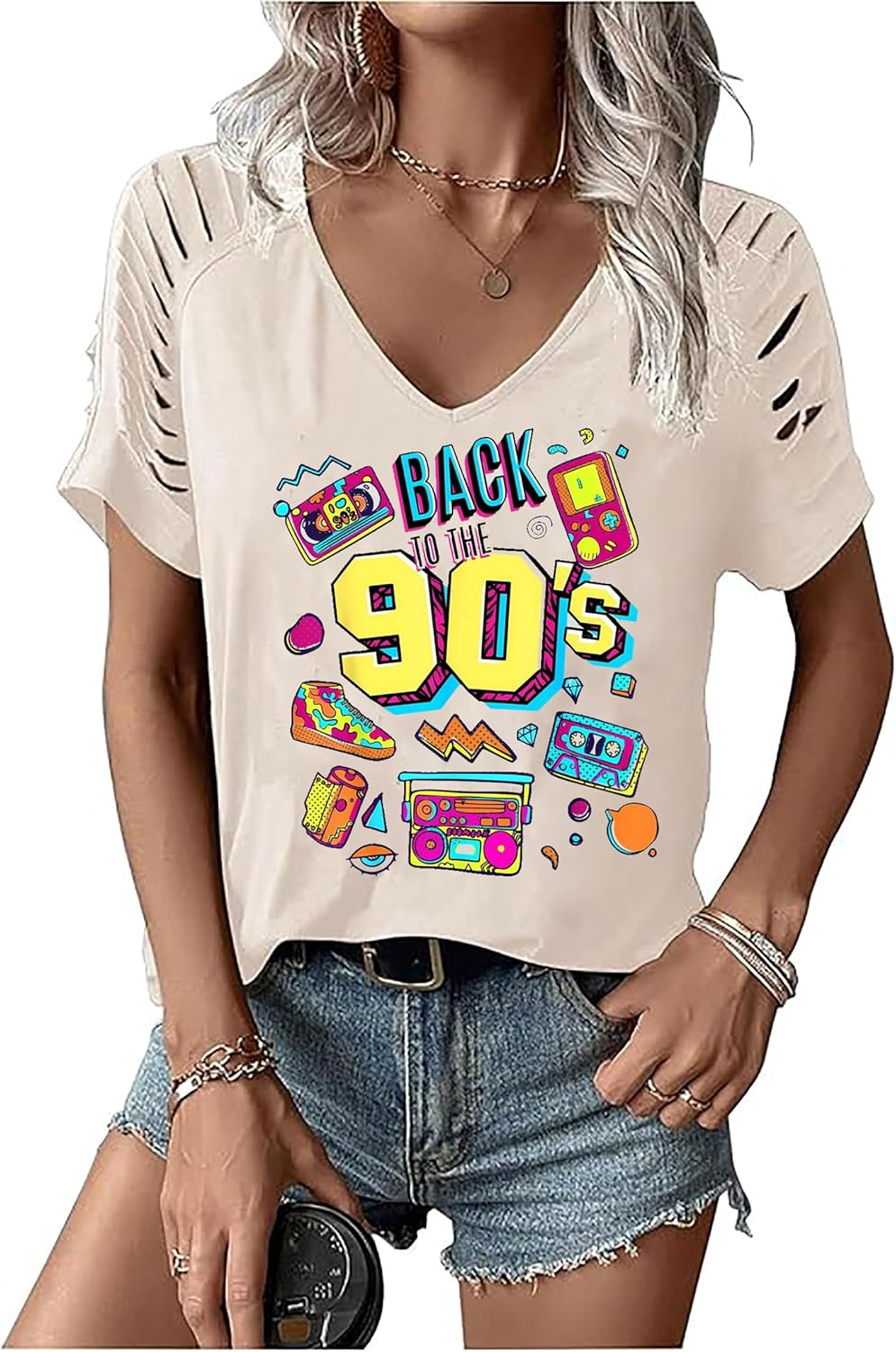 80s 90s V-Neck T Shirt for Women-Vintage Country Music Short Sleeve Tops Graphic Tees Outfits