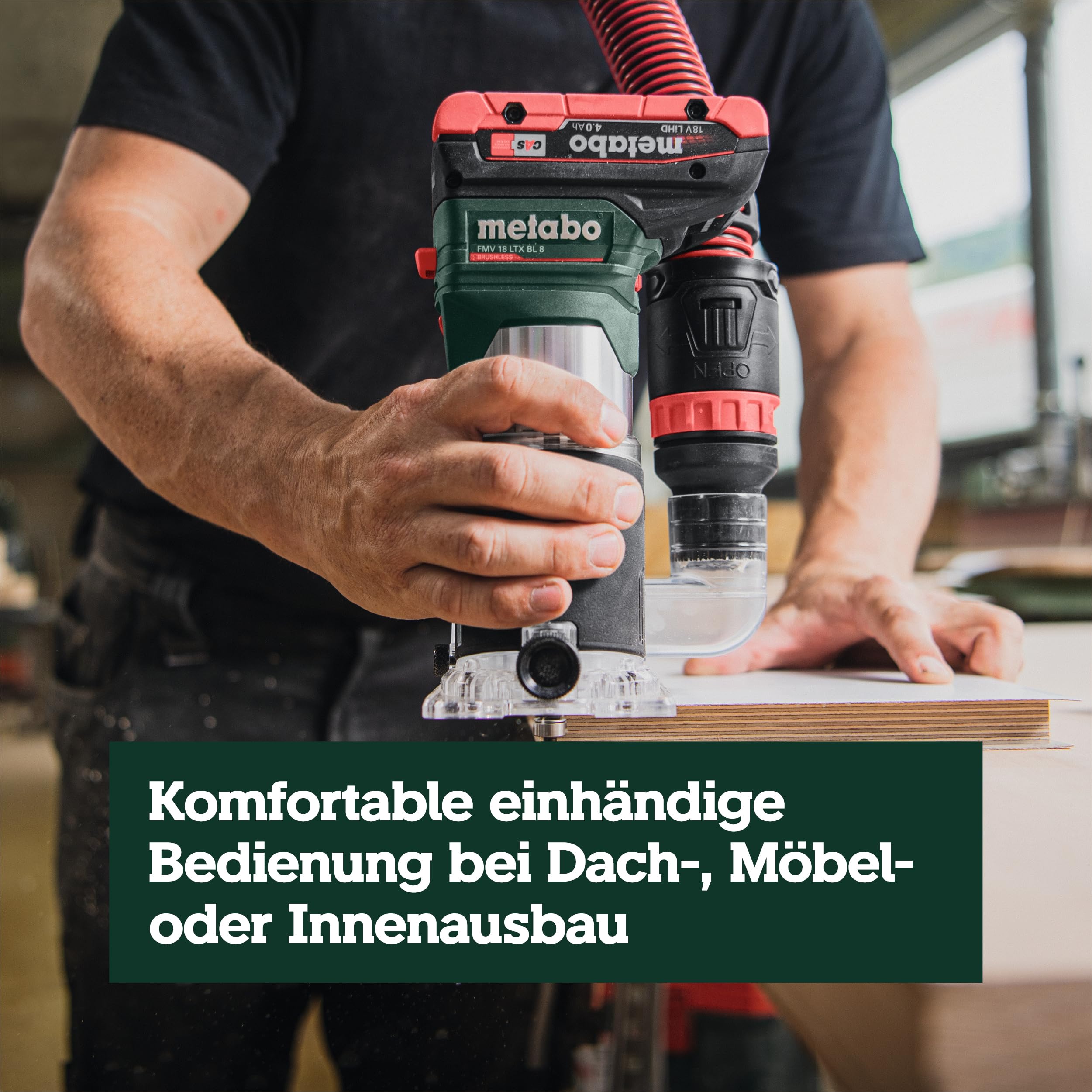 metabo FMV 18 LTX BL 8 Akku-Kantenfräse, Brushless-Motor, 6/8 mm Zangen | Variable Drehzahl 4800-29000 U/min, stufenlose Tiefeneinstellung, im Koffer metaBOX 145 L, ohne Akku und Ladegerät