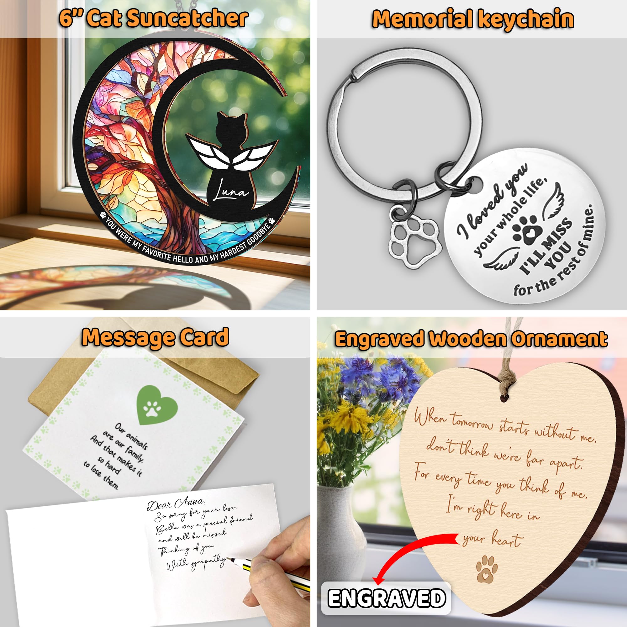 6" DIY Cat Memorial Suncatcher – 4-in-1 Cat Memorial Gifts for Loss of Cats, Pet Remembrance Gifts | Loss of Cats Sympathy Gift with Ornament, Keychain & Sympathy Card PS191