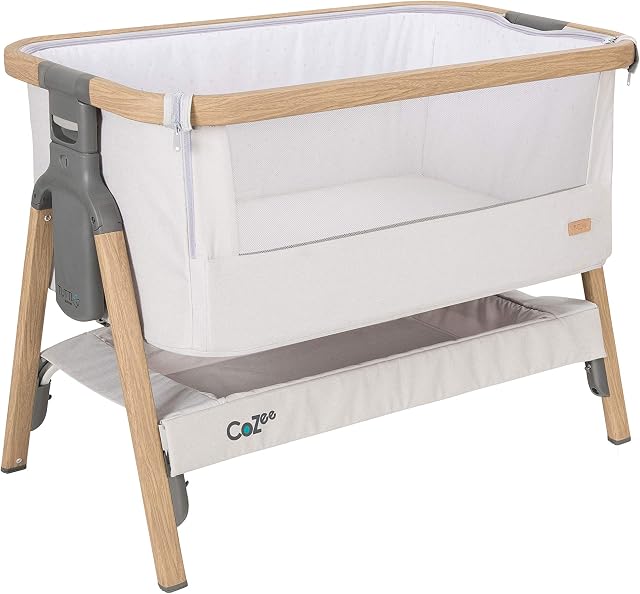 Tutti Bambini CoZee® Bedside Crib/Co-Sleeper with Breathable Mesh Window, Travel Bag and Easy Fold (Silver & Oak)
