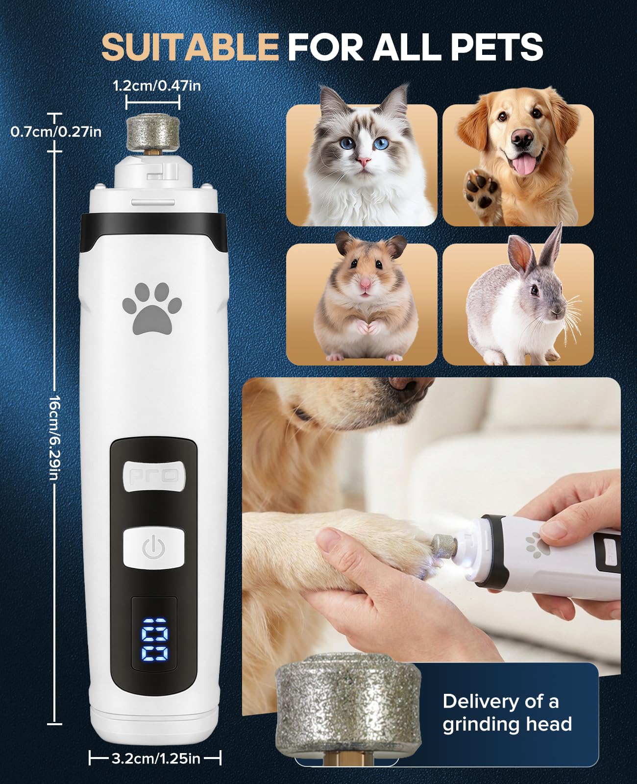 Molinillo de uñas para mascotas de bajo ruido con luz, recortador de uñas recargable de 2 velocidades con pantalla LED de batería, molinillo de uñas inalámbrico profesional para perros y