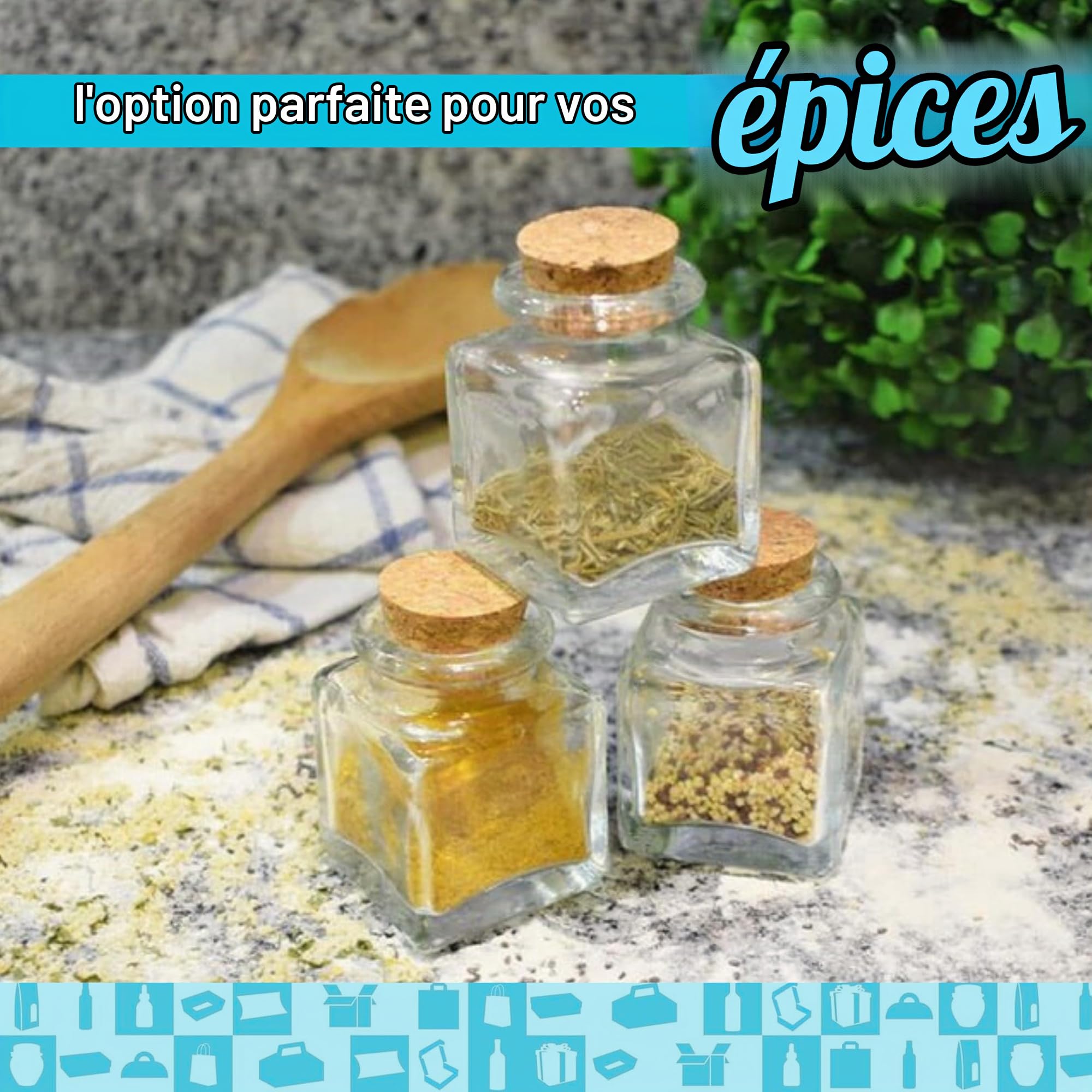 Espirito Rebelde 20 Pots en Verre Carrés pour Épices 40ml avec Bouchon en Liège + 20 Boîtes Kraft | Bocaux Rangement Cuisine | Épices, Confiture, Yaourt