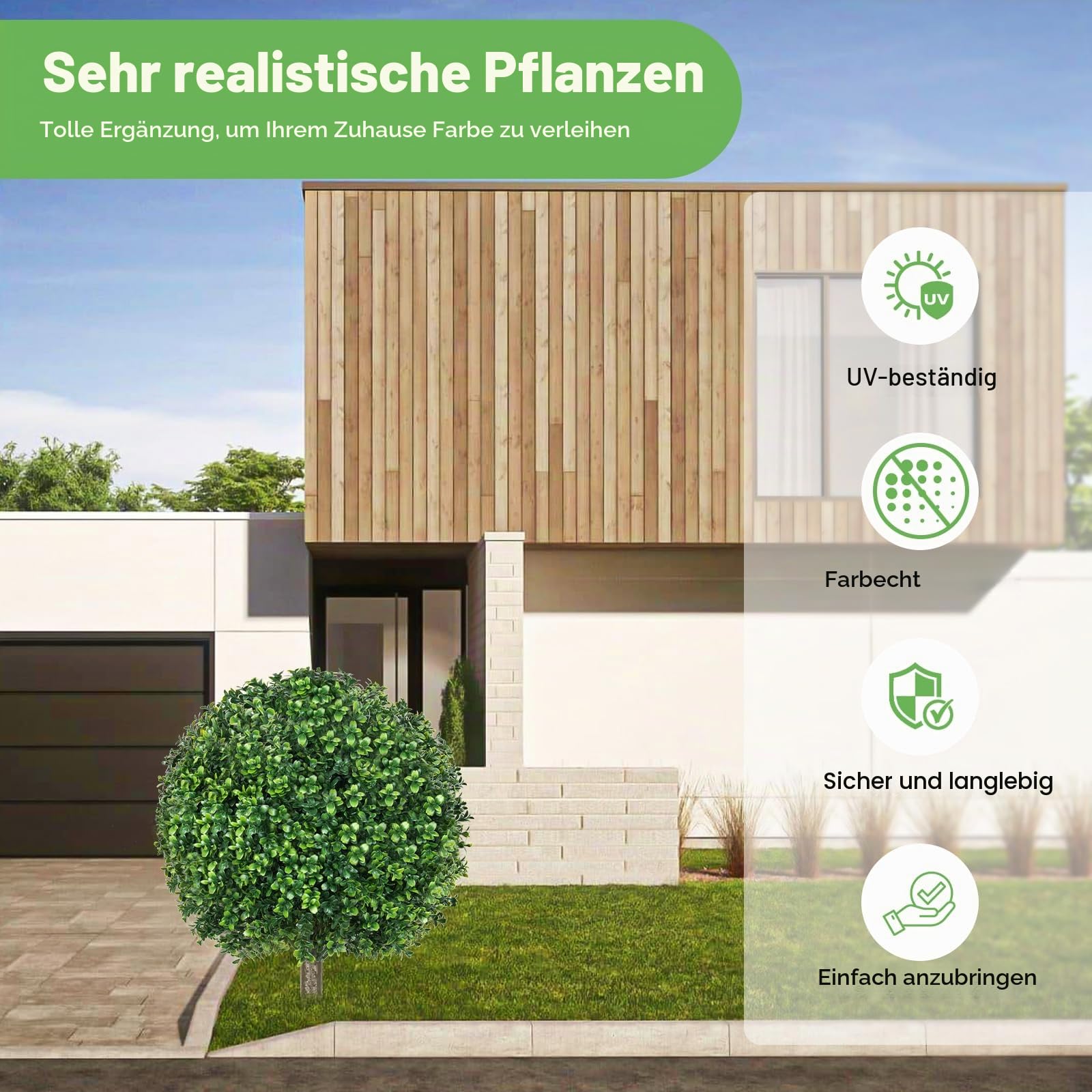 2er-Set Künstliche Buchsbaumkugel 65cm, Kunstpflanze mit Erdspieß | UV-Beständig & Lichtbeständig, Immergrüne Künstliche Buchsbaum Pflanzen für Innen und Außen Veranda Gärten