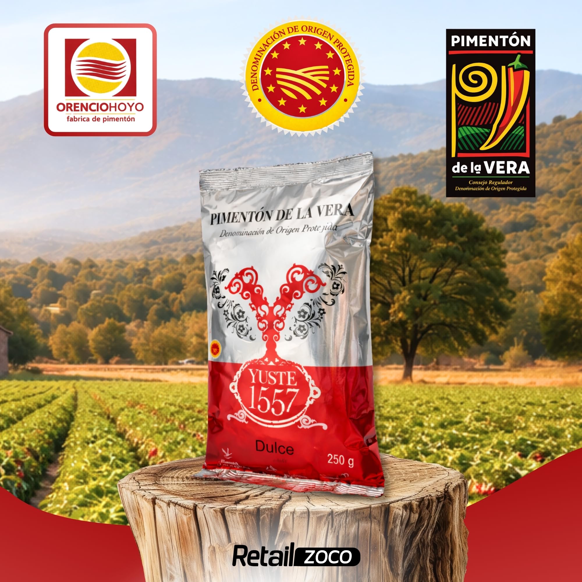 Pimentón de la Vera Ahumado Dulce, Denominación Origen Protegida, Pimentón Yuste 1557, Producido en Extremadura, Ideal para guisos, carnes, salsas y platos tradicionales, 1 bolsa de 250 gr