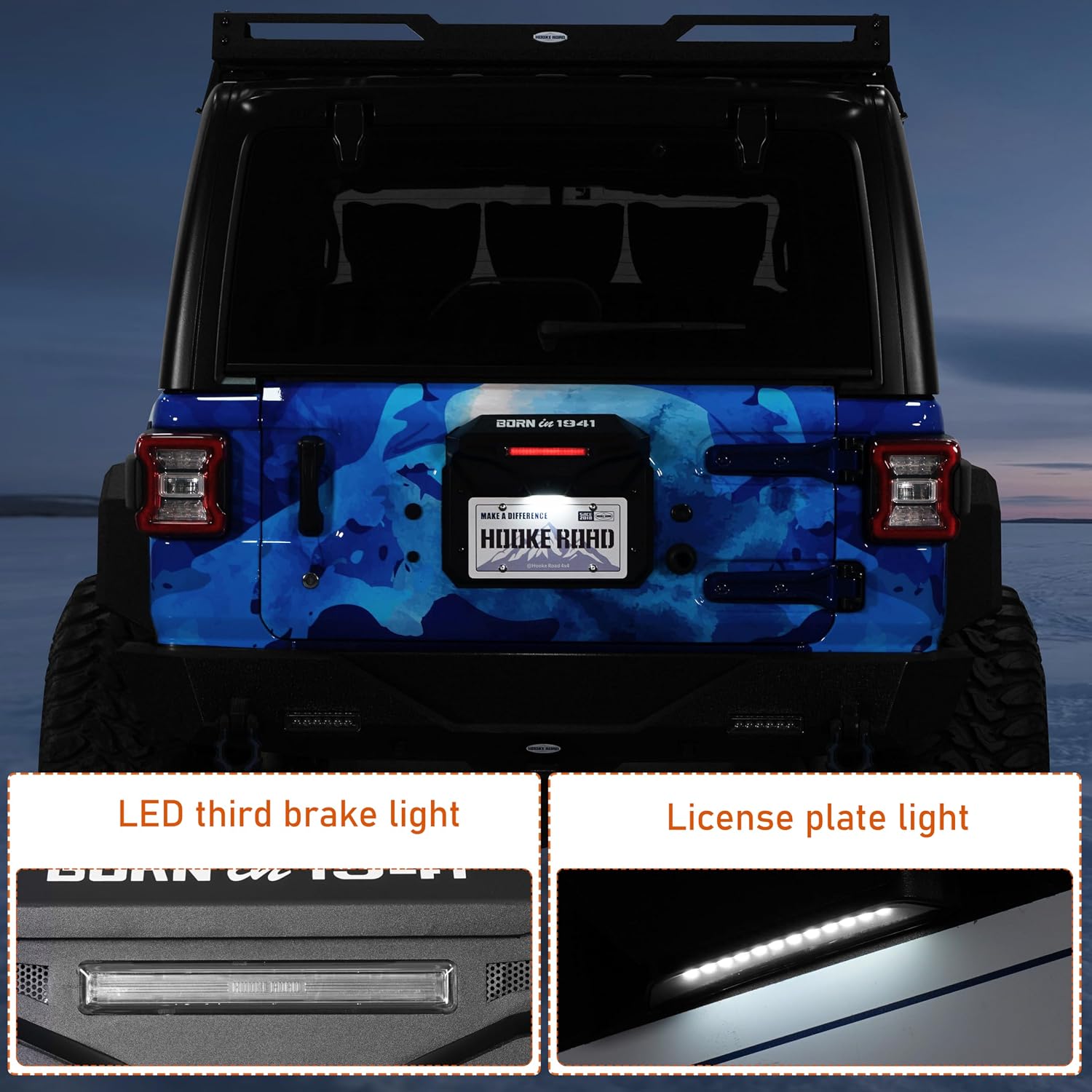 Hooke Road JL Spare Tire Delete License Plate Relocation w/3rd Brake Light for 2018-2026 Jeep Wrangler JL JLU, Tailgate Vent Cover Retains OEM Backup Camera
