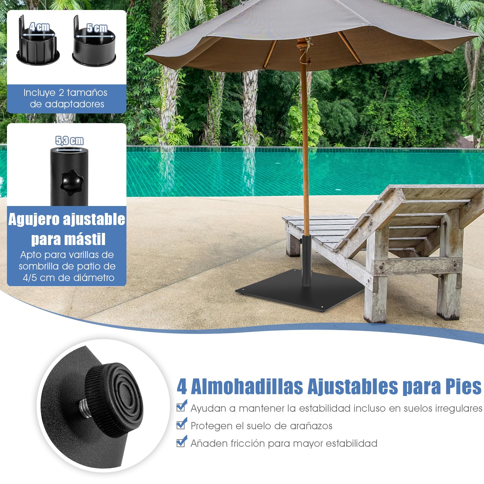 COSTWAY Base Sombrilla Terraza Exterior Cuadrada, Soporte Sombrilla Neto 16kg, Apto 40mm, 50mm, 4 Almohadillas de Pie Ajustables, Pie Sombrilla Jardin Terraza (16, Kilogramos) (Negro)