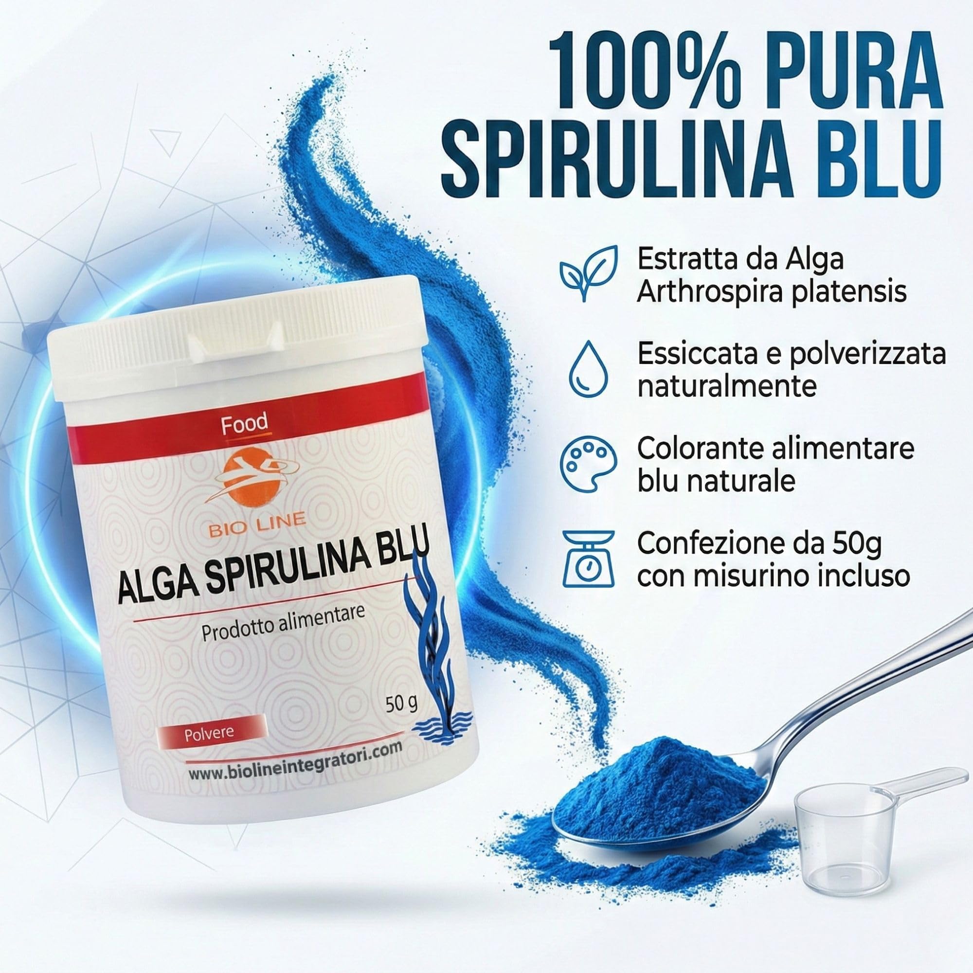 Laboratori Bio Line - Spirulina Blu 50gr, Alga Spirulina Polvere Alimento in Polvere Costituito dall’Essiccamento e Polverizzazione dell’Alga, Colorante Alimentare Blu Naturale