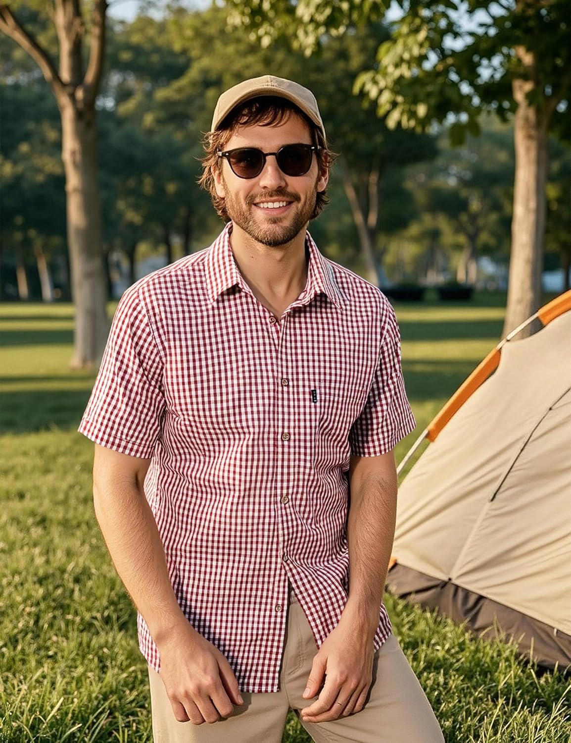 LucMatton Men's Gingham Short Sleeve Button Down Shirt Cotton Regular Fit Plaid Dress Shirts with Pocket - Image 2