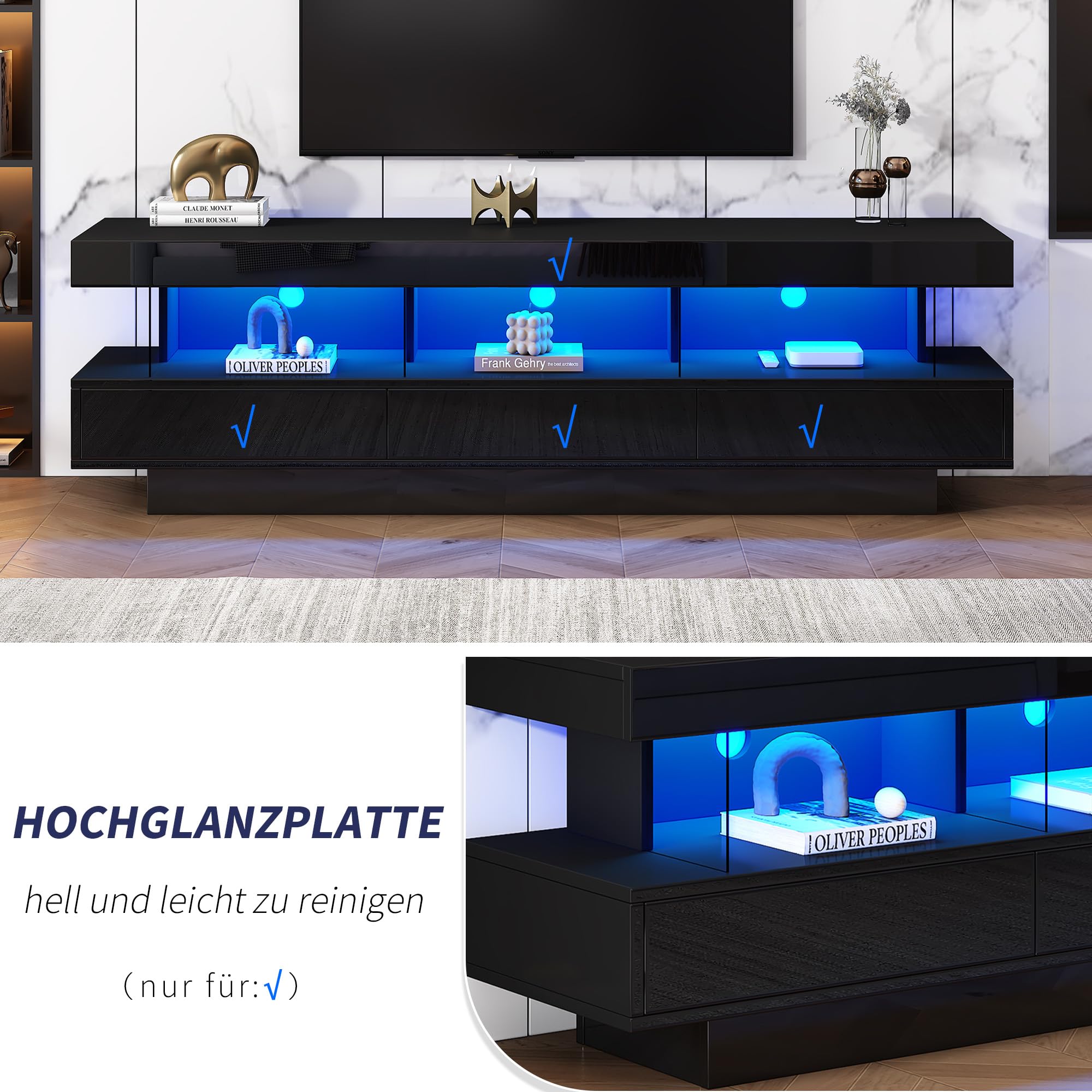Nowoczesny stojak na telewizor o wysokim połysku z oświetleniem LED, sterowany aplikacją, 3 półki, szafka do przechowywania do salonu, czarny centrum rozrywki, stylowy design, meble domowe