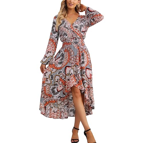Kormei Women V Neck Floral High Low Flowy Boho Long Sleeve Party Long Maxi Dress