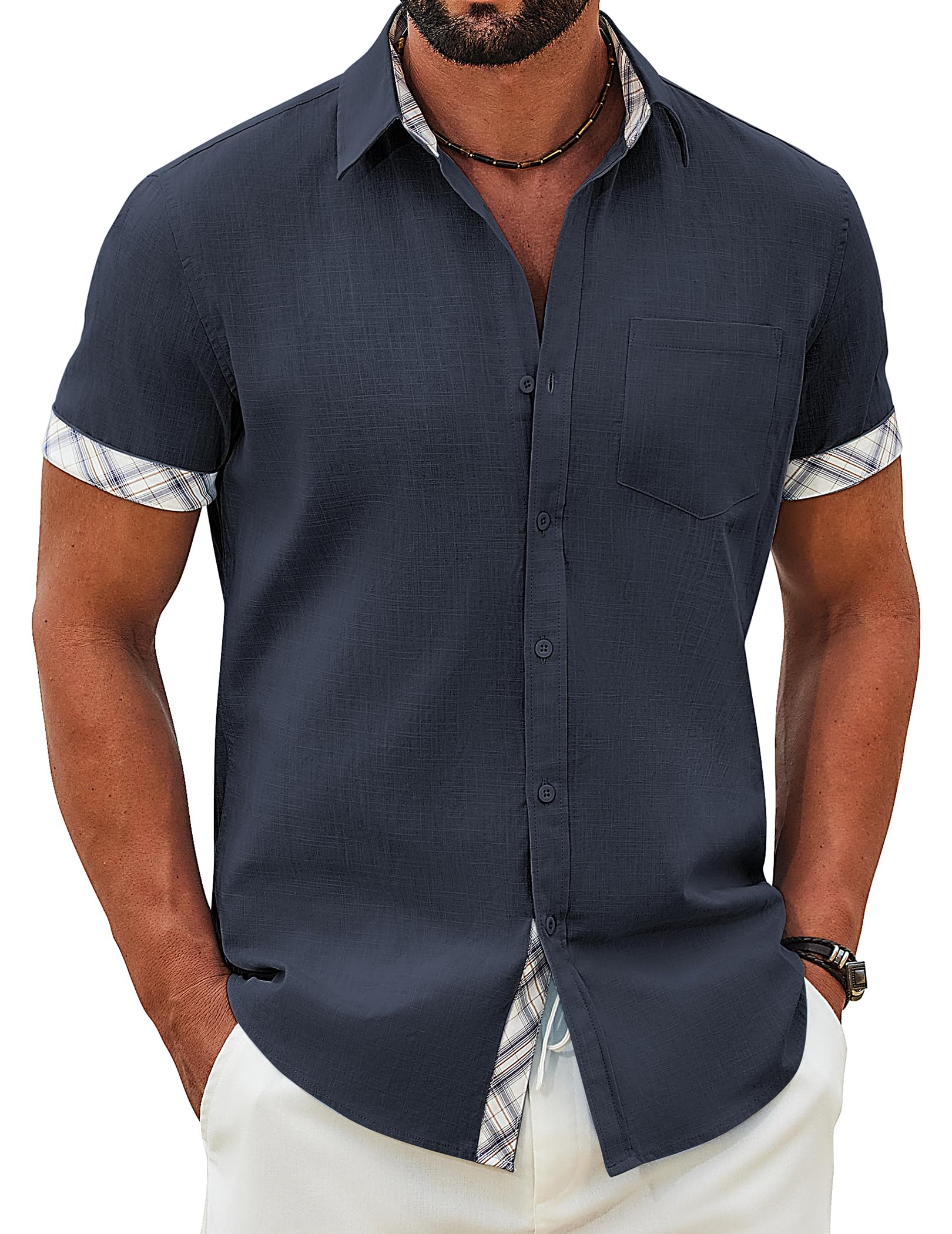 COOFANDY Herren Hemd Kurzarm Freizeithemd Baumwolle Sommerhemd Casual Strand Hemden mit Brusttasche Dunkelblau M
