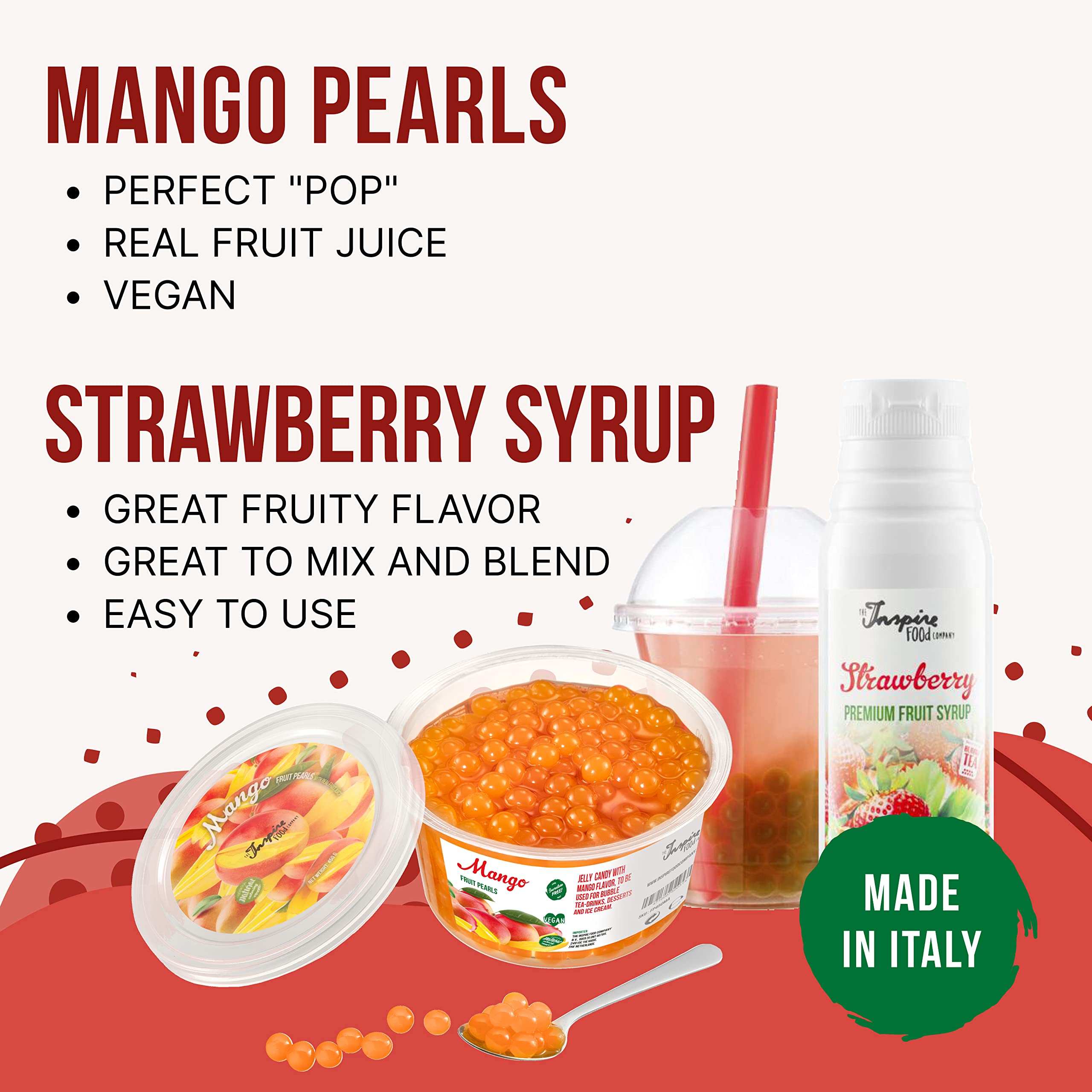 INSPIRE FOOD Set de Perlas de Bubble Tea - Mango Popping Boba 450g, Jarabe de Fresa 300ml, 2 Sorbetes