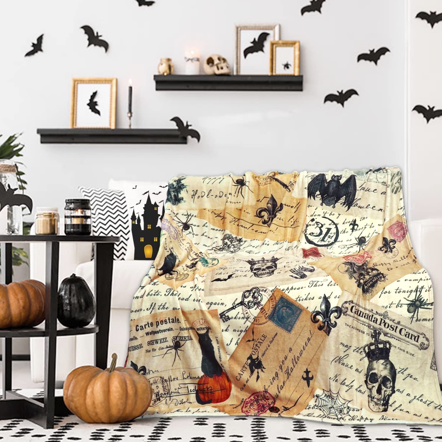 Amazon.com: Halloween Blanket Haunted Throw Pumpkin Ghost Spooky Spider  Webs Vintage Retro Gothic Postcard Collage Bat Skull Flannel Halloween  Fleece Blankets and Throws (50" x 60") : Everything Else