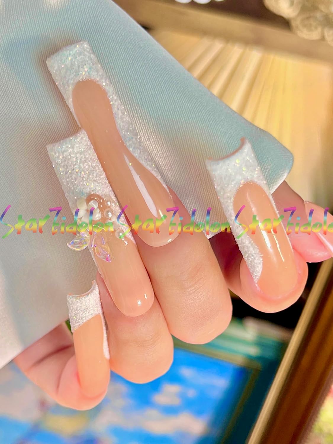 HAND-PAINTED White False Nails Set Coffin Press on Nails Pressons Kit Medium Length Stick on Nails Shoot Nail Art Short Nails with Nail Glue on Nails Square, Long Almond Nail (K26, Medium)