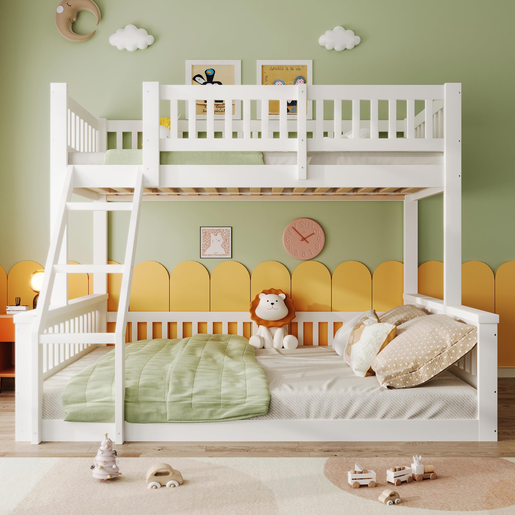 Letto a castello, 90 x 200 cm + 140 x 200 cm, scaletta, sponda per letto, stile semplice, senza materasso, bianco