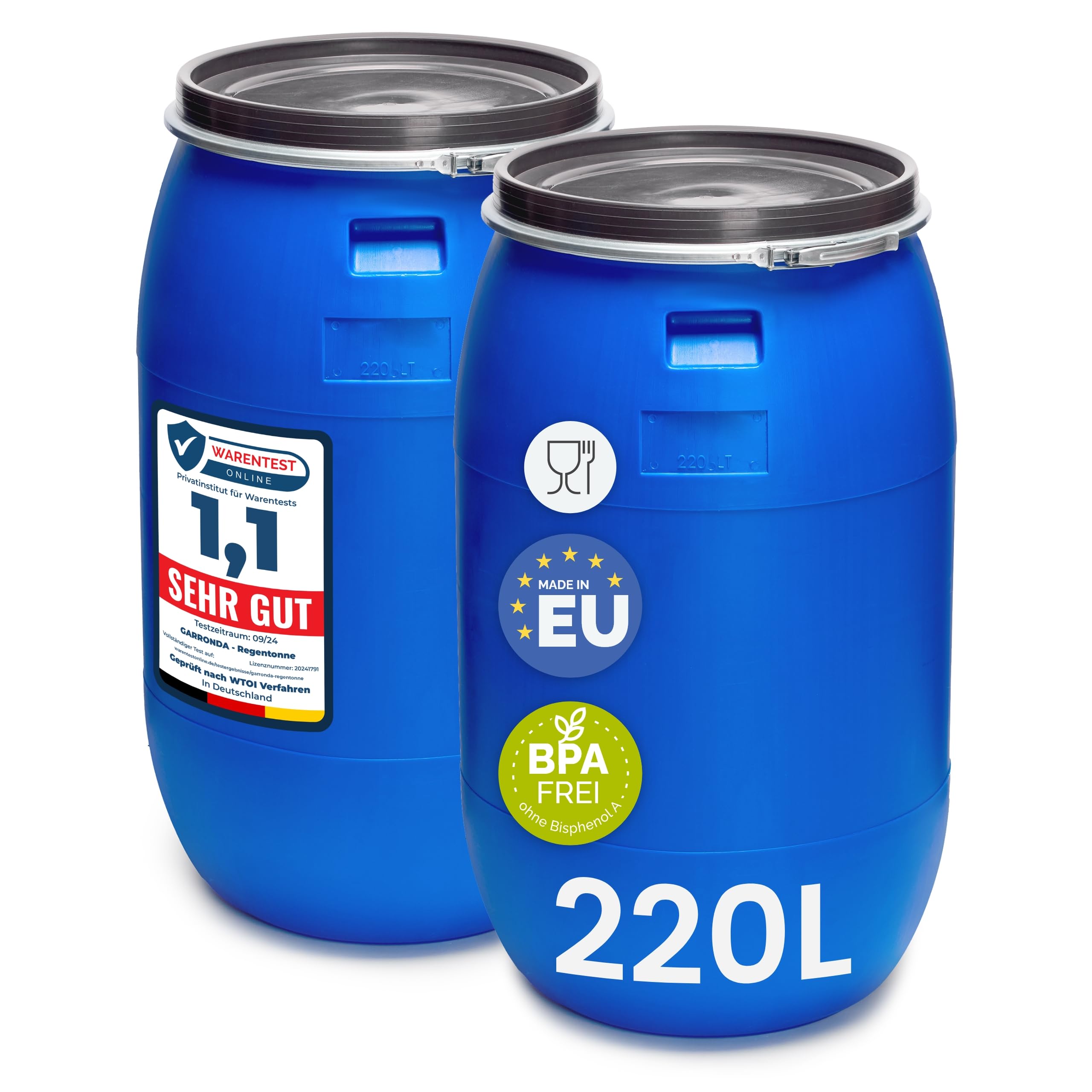 Garronda Set de 2 Piezas de 220 litros Barril alimentario, depósito de Agua, Barril de Boca Ancha en HDPE y sin BPA, tonel de jardín, contenedor de Alimentos para Animales, Universal GD-0078