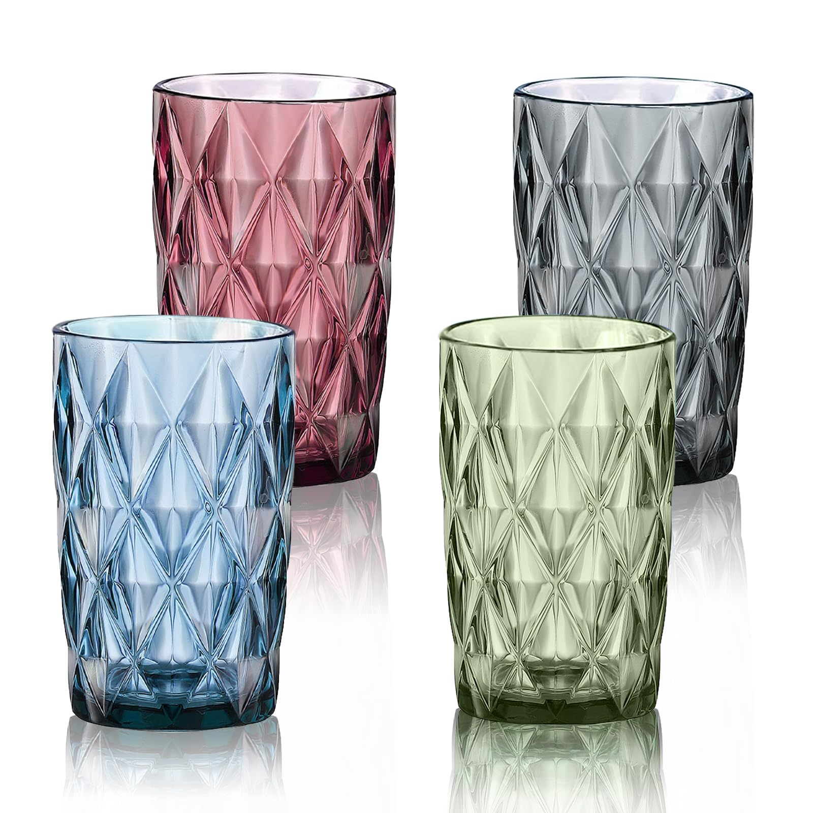 LOITTAINUE Trinkgläser Set Bunt - Gläser Set 4 Teilig 400ml Vintage Wassergläser aus Glas mit Geprägtem Design - Saftgläser Drinkgläser Küchengläser - Spülmaschinenfest