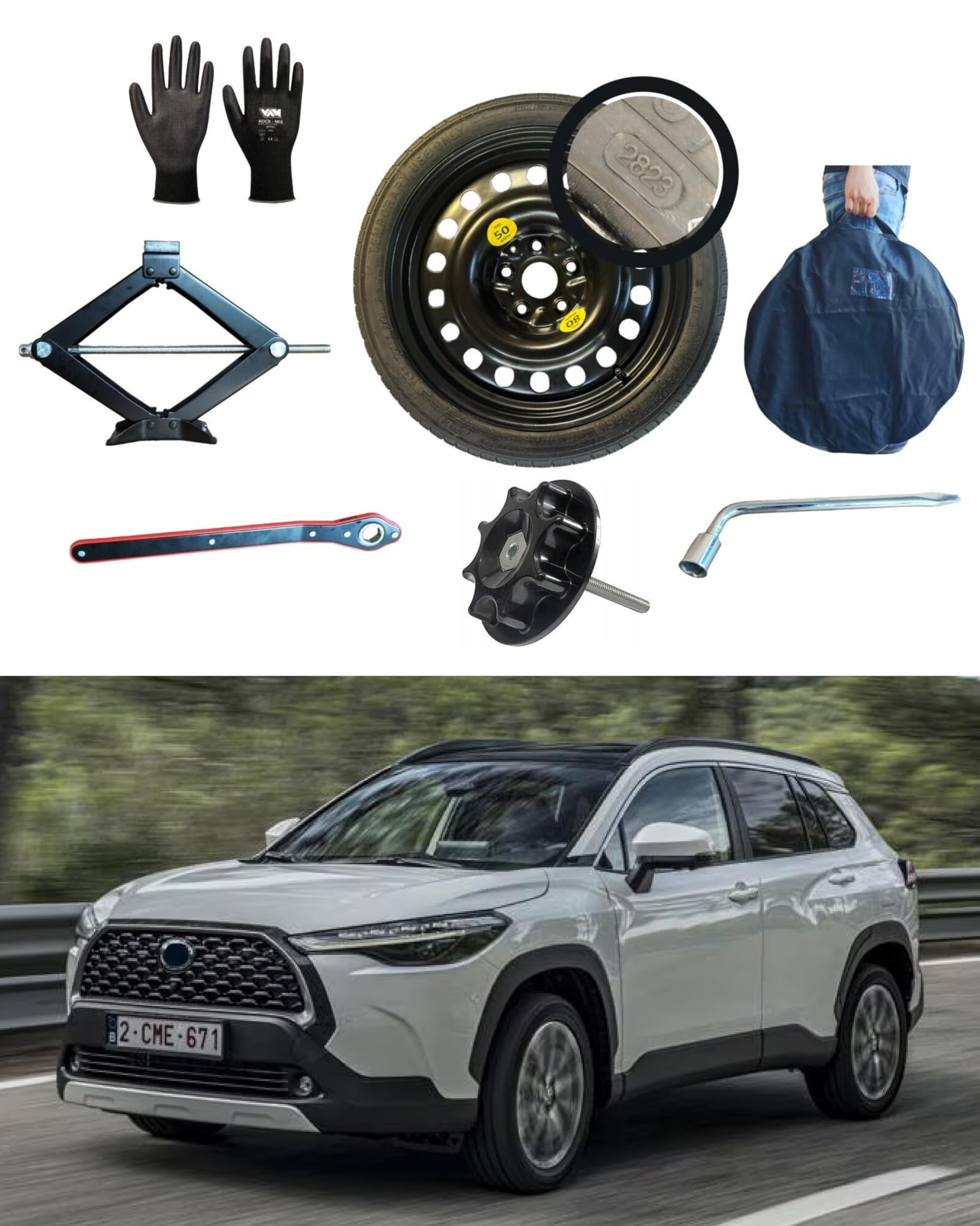 Kit de Rueda de Repuesto 18" compatible con Toyota Corolla Cross con Gata, Llave, Guantes, Tornillo y Funda145/80R18