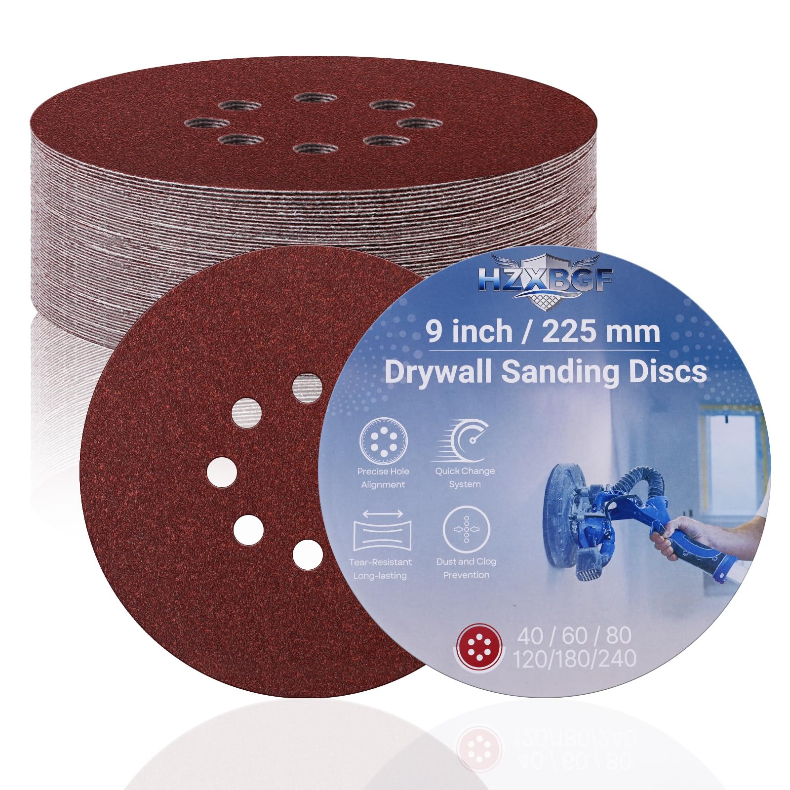 15 PCS 225mm 8 Hole Sanding Discs, 80 Grit Hook and Loop Round Sandpaper