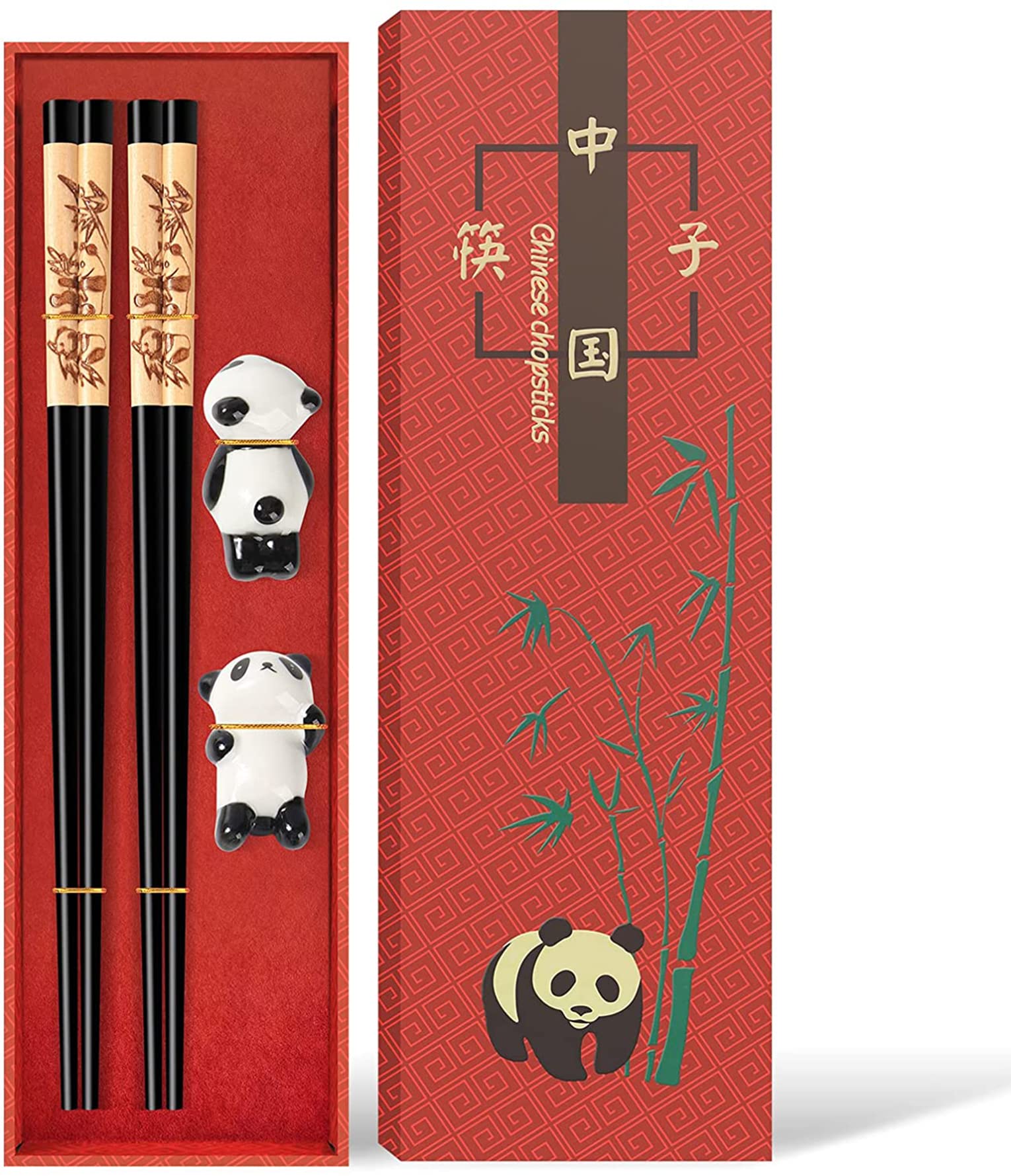ELECDON Chopsticks and Panda Holder, 2 Pairs Reusable With Delicate Box, Washable and Dishwasher Safe, Natural Wooden Chinese Japanese Korean Classic Stylish Easy to Use Non-Slip