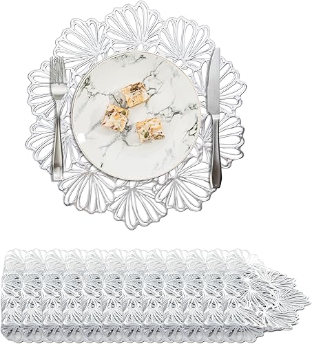 Miniatura 25 de BACKTOEDEN Juego de 6 manteles individuales redondos de color dorado claro, lavables, limpiables, resistentes al calor, manteles individuales de