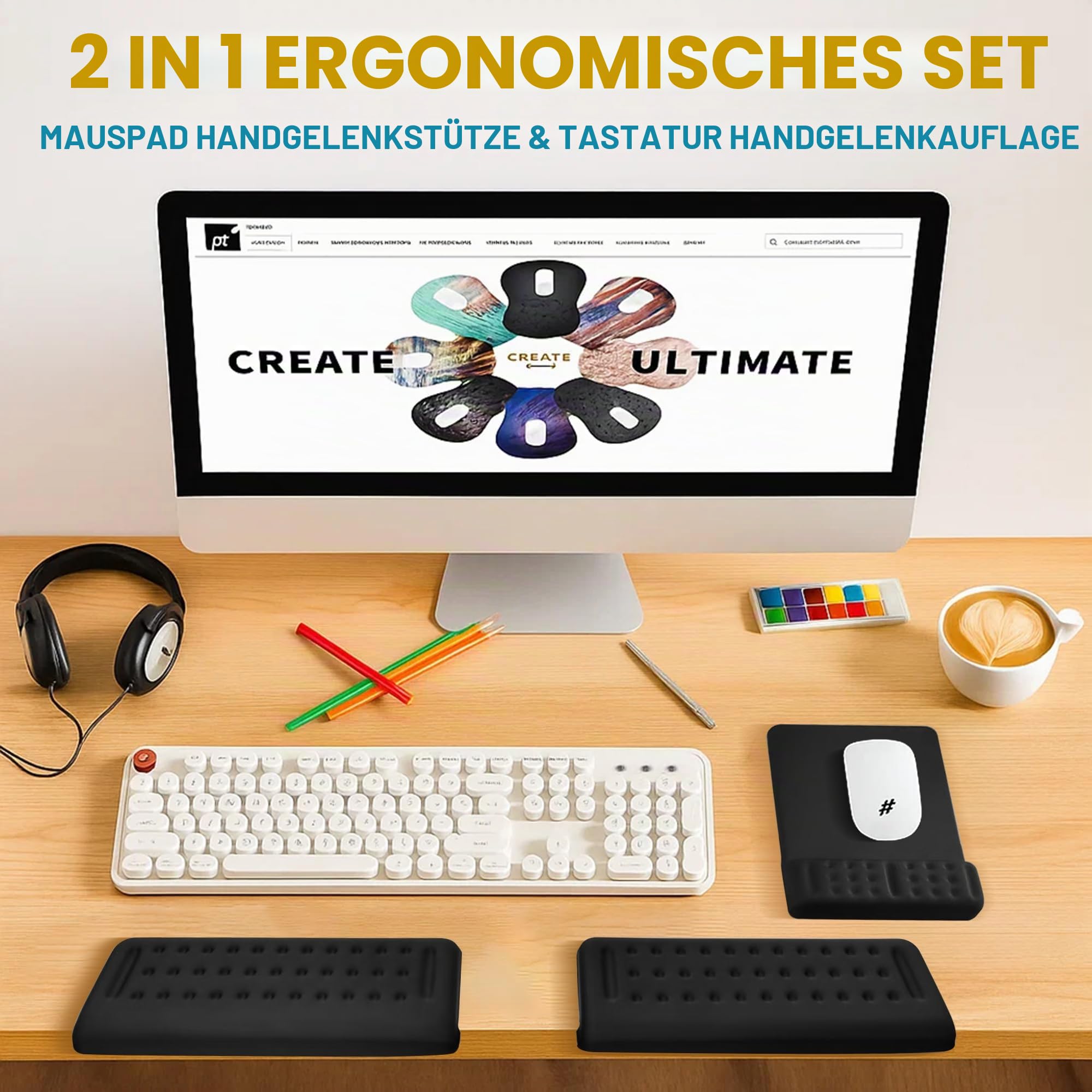 Handballenauflage Tastatur & maus L-förmige Armauflage Schreibtisch 30x10cm | Ergonomische Handgelenkauflage Memory-Schaum, Rutschfeste Schreibtischunterlage mit Kantenschutz für Unterarm & Ellbogen