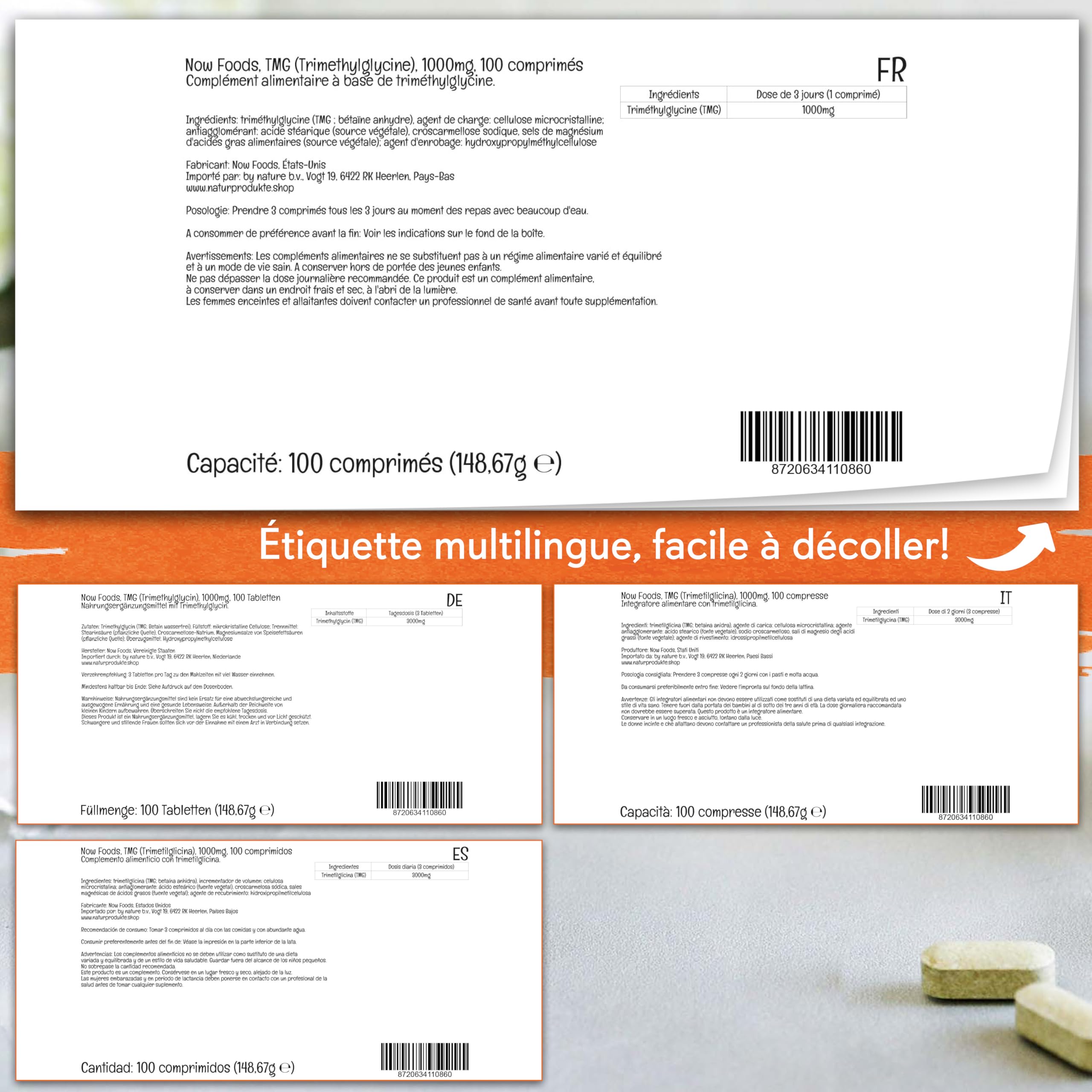 Now Foods TMG Trimethylglycine 1.000 mg 100 Comprimés Végétaliens Haute Dose Bétaïne Sans Gluten