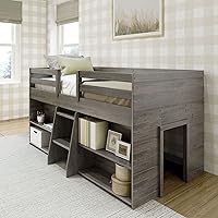 Max & Lily Modern Farmhouse Twin Low Loft Bed with 2 Bookcases - Driftwood Kids Frame, Space-Saving Storage