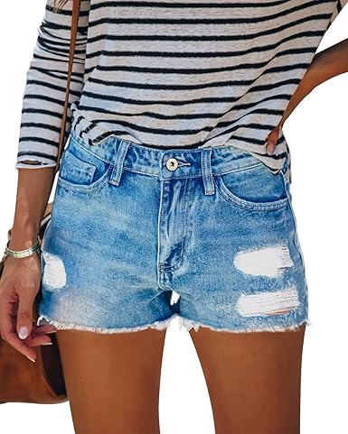 HOCAIES Women's Juniors Jean Shorts Frayed Raw Hem Ripped Denim Shorts for Women