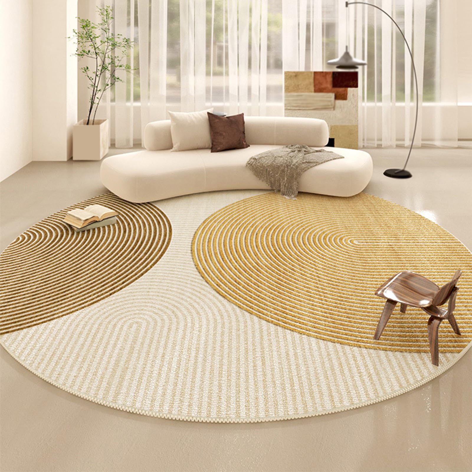 Tapis de décoration, ø 190 cm Tapis Ronde pour Salon Chambre décoratifs, Décoration géométrique en Cercle Orange Moutarde Jaune crème Moderne, Jaune,
