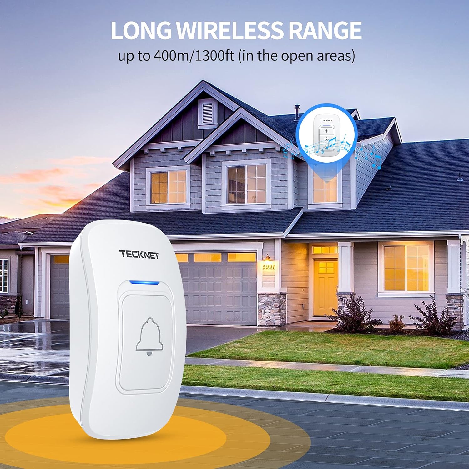 Wireless Doorbell, TeckNet Waterproof Wireless Door Bell Chime Kit with LED Light 1 Receiver and 1 Push Button Operating at 1300 Foot Range with 38 Chimes - - 