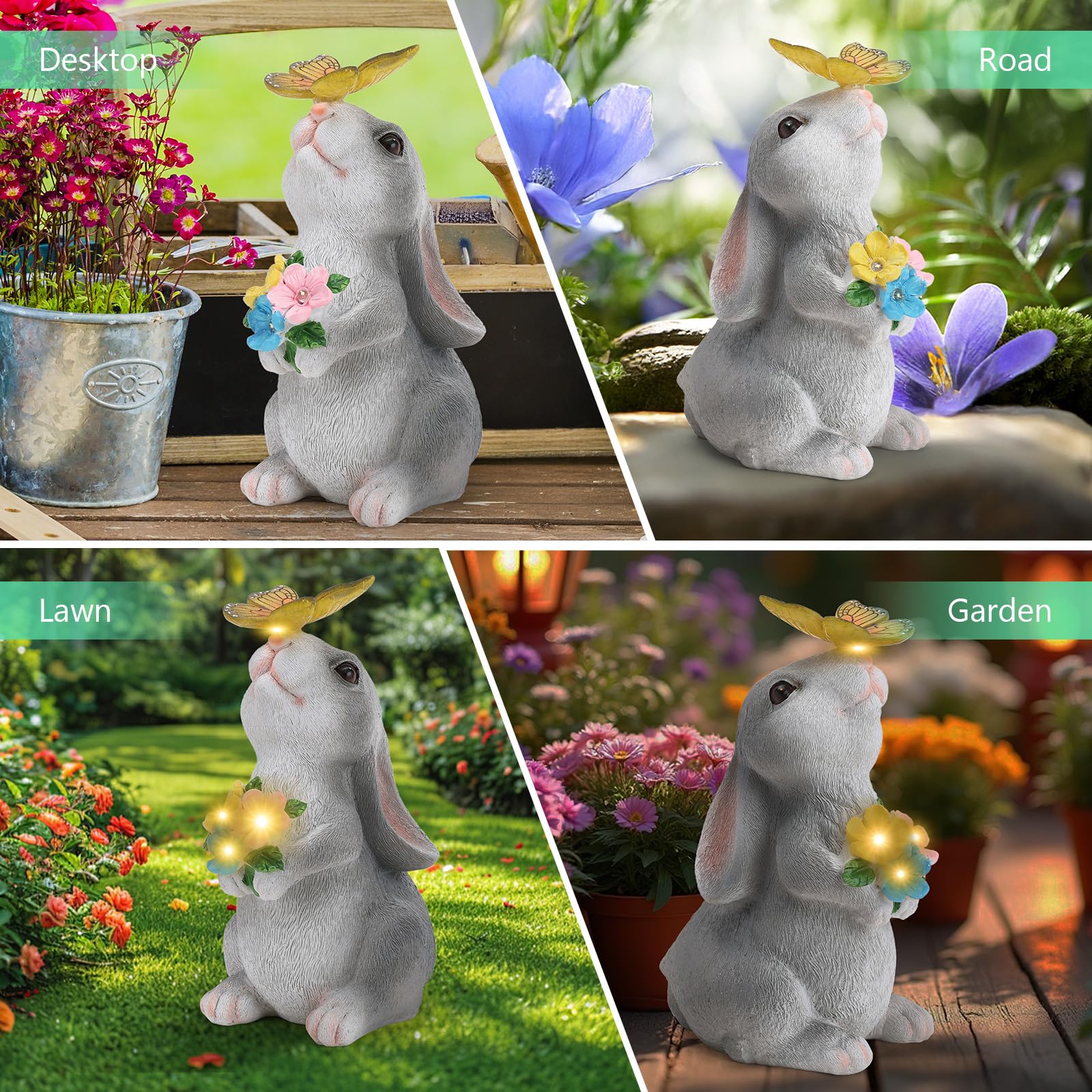 Cuteefun Statue Solaire de Jardin Lapin Ornament Outdoor, Figurine d'animal de Jardin avec Lumière Solaire, Lapin Décoratif pour la Cour, Cadeau de Pendaison de Crémaillère