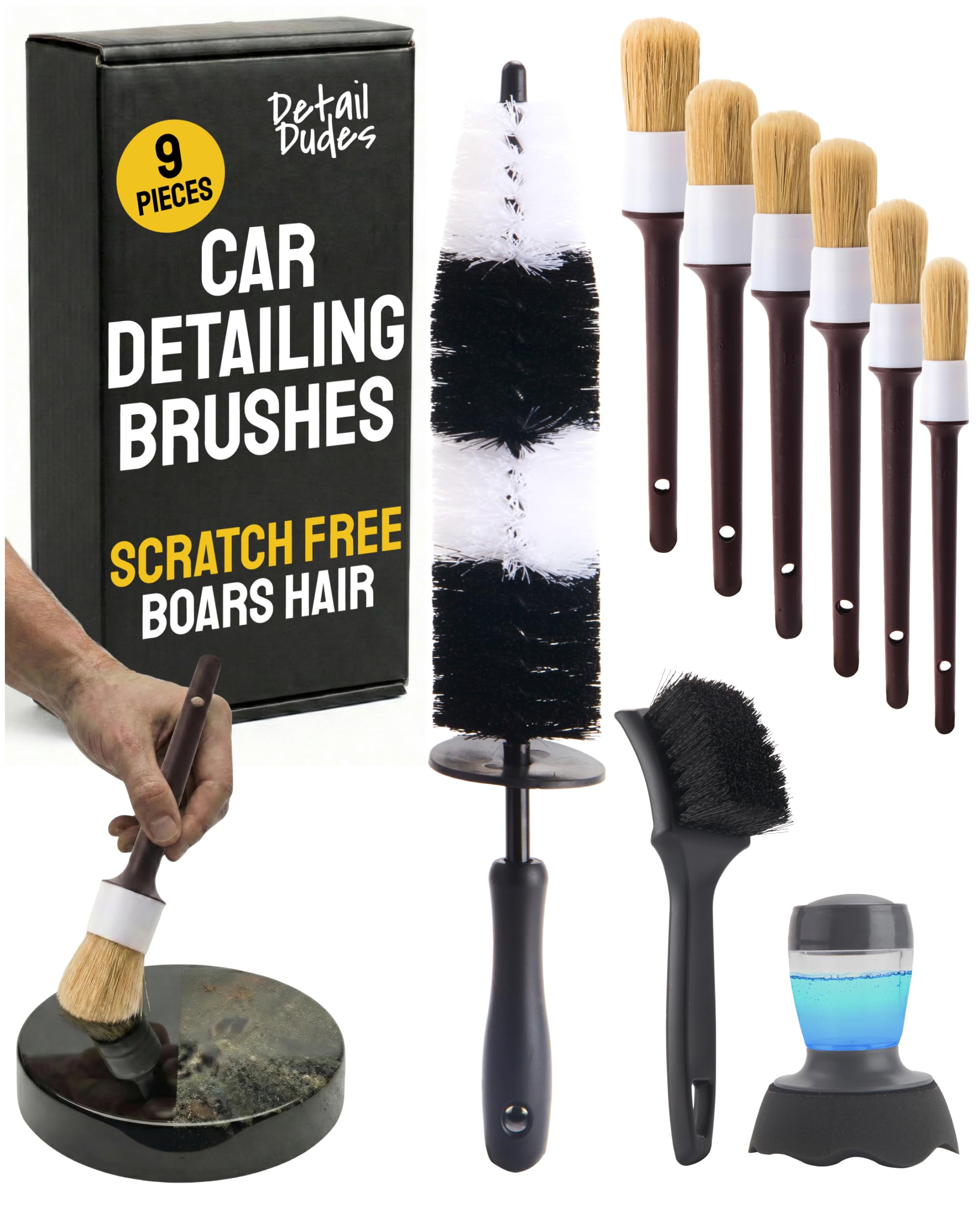 Boar Hair Detailing Brush Set - 9-Pack - Includes Wheel, Tire Brush & Tire Dressing Applicator - Soft Boar Hair Bristles - Scratch-Free Car Wash - Crevice Tools for Vents & Emblems