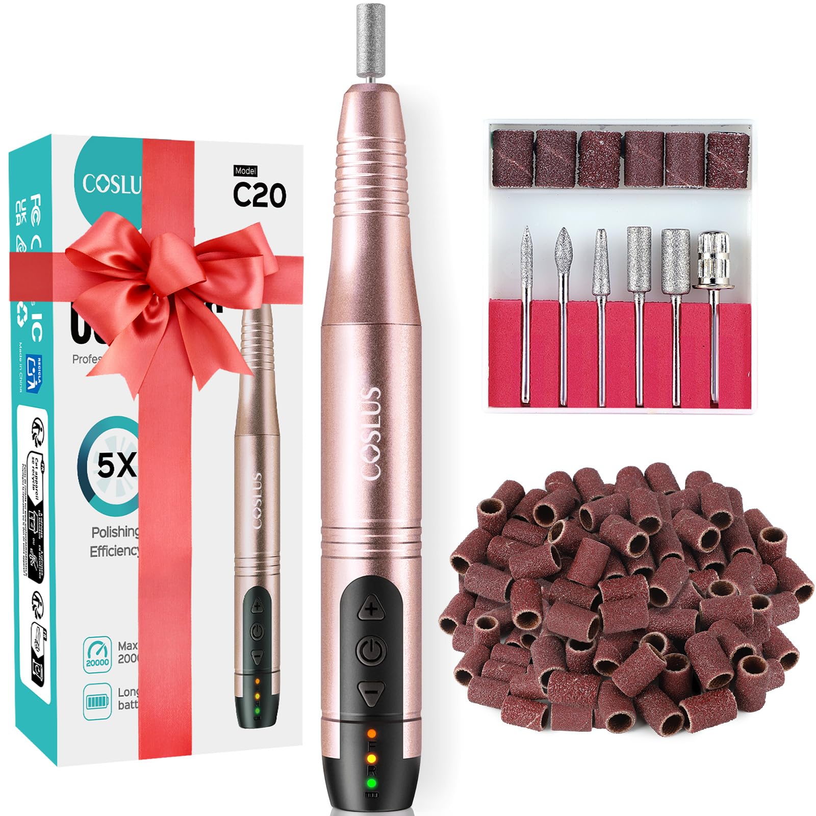 COSLUS Cordless Nail Drill Electric File: Professional for Acrylic Gel Dip Powder Nails Portable Nail Drill Machine Kit for Manicure Pedicure Nail Set with Everything Rechargeable Lightweight Golden
