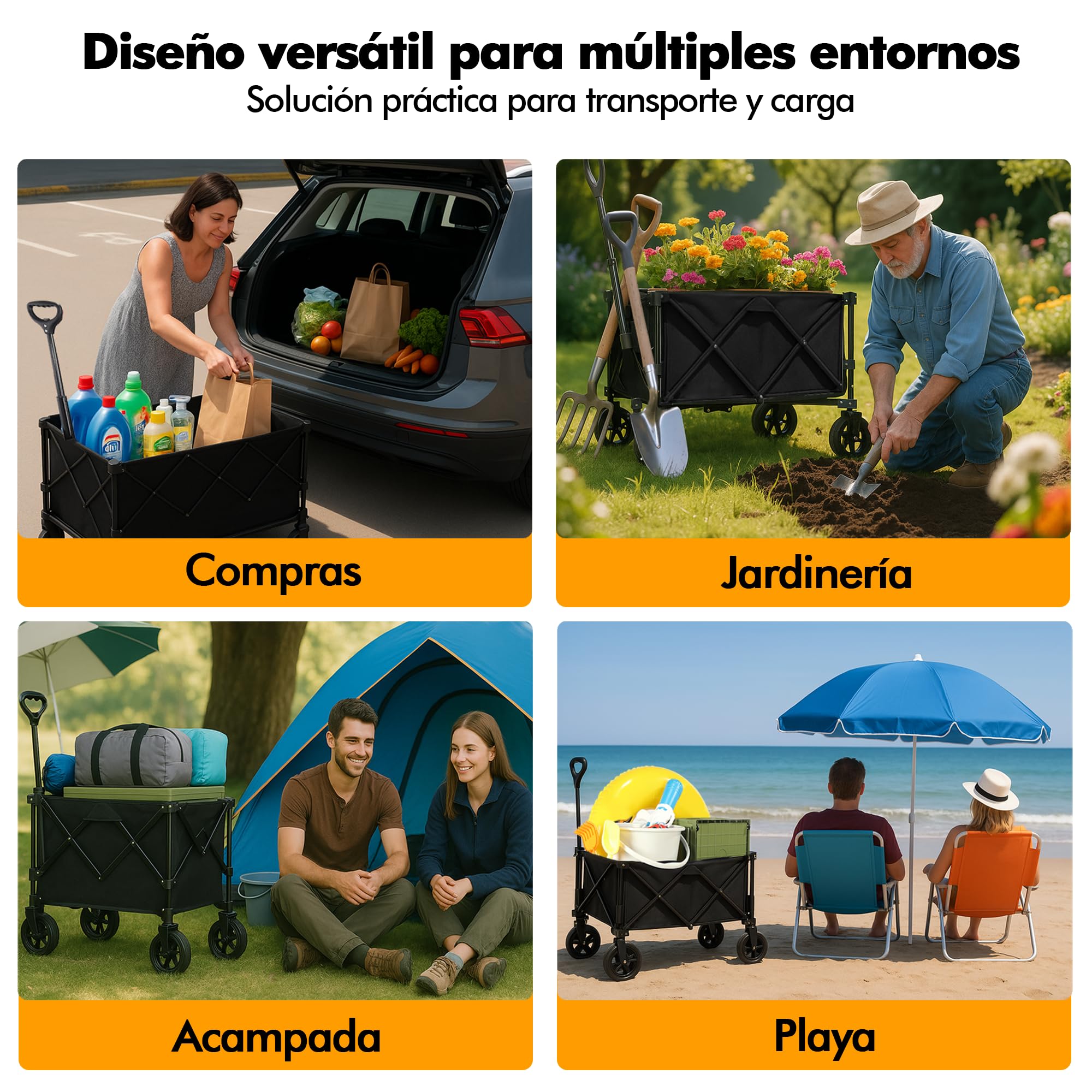 Carrito Transporte Multiusos XXL Carro Plegable Todoterreno para Playa Jardín Camping Compras Mango Telescópico Ajustable Tela Resistente e Impermeable Estructura metálica. Carretilla Carga Máx 150KG